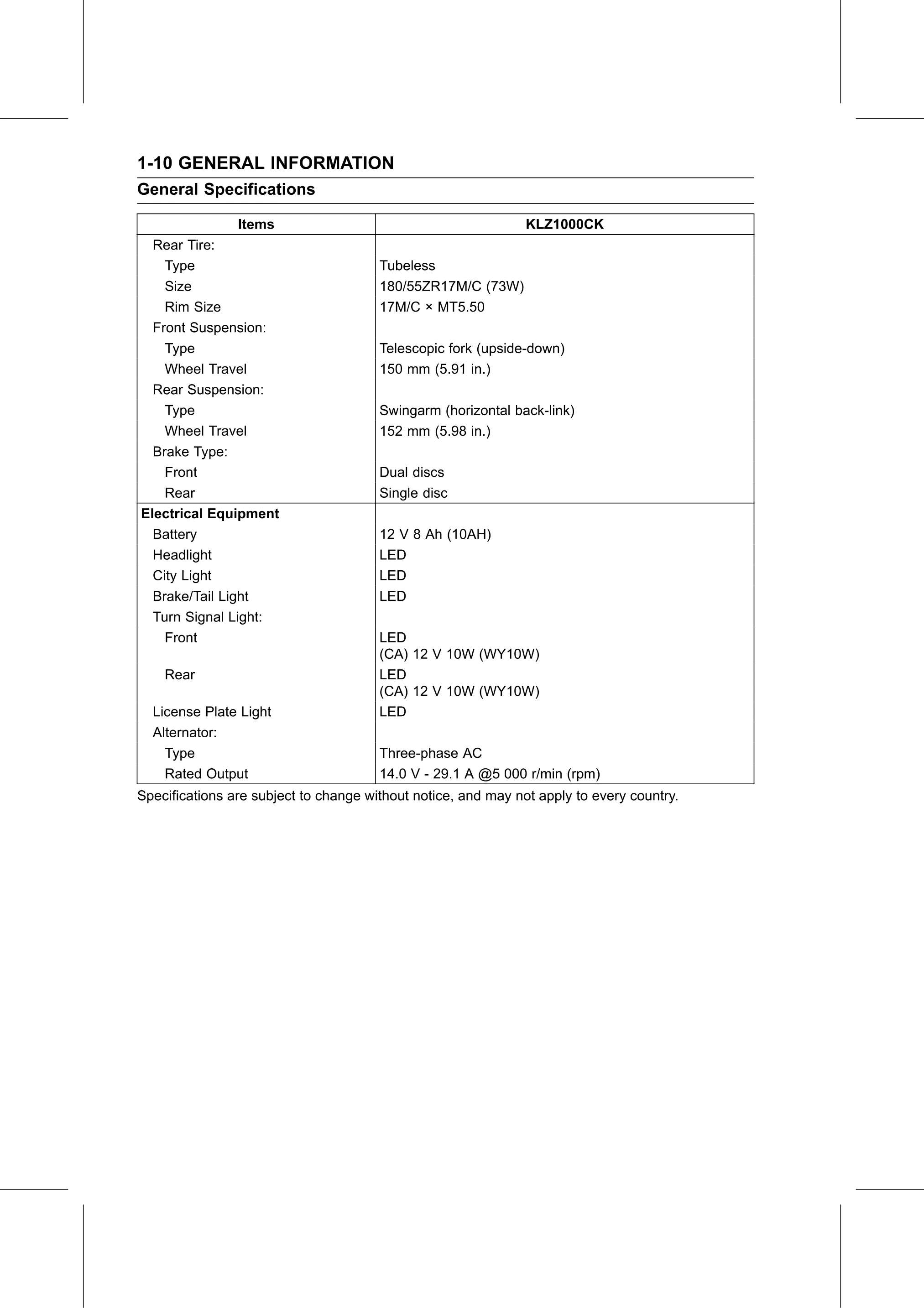 Service Manual (KLZ1000C) page 20 — General Information › General Specifications