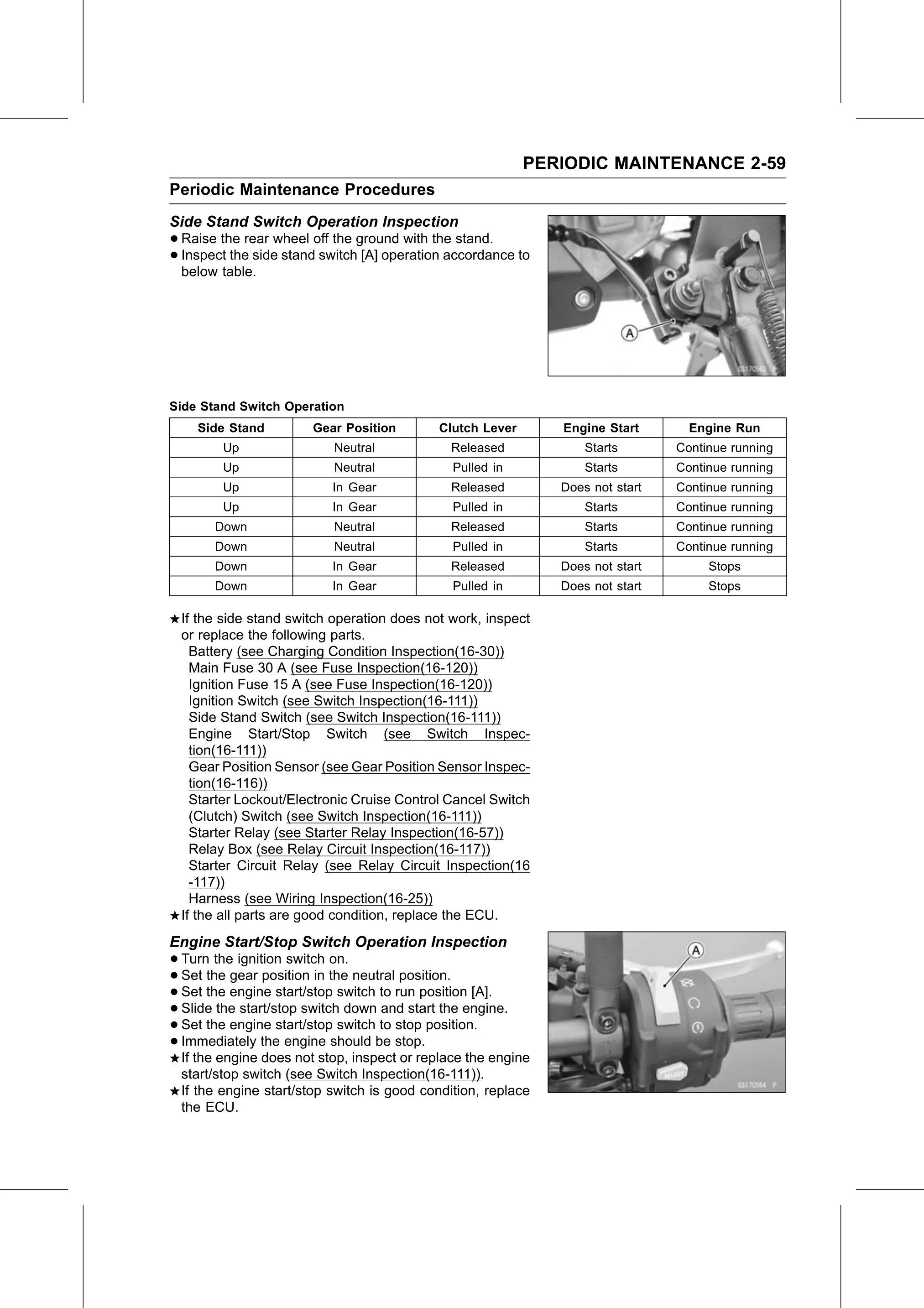 Service Manual (KLZ1000C) page 81 — Periodic Maintenance › Engine Start/Stop Switch Operation Inspection