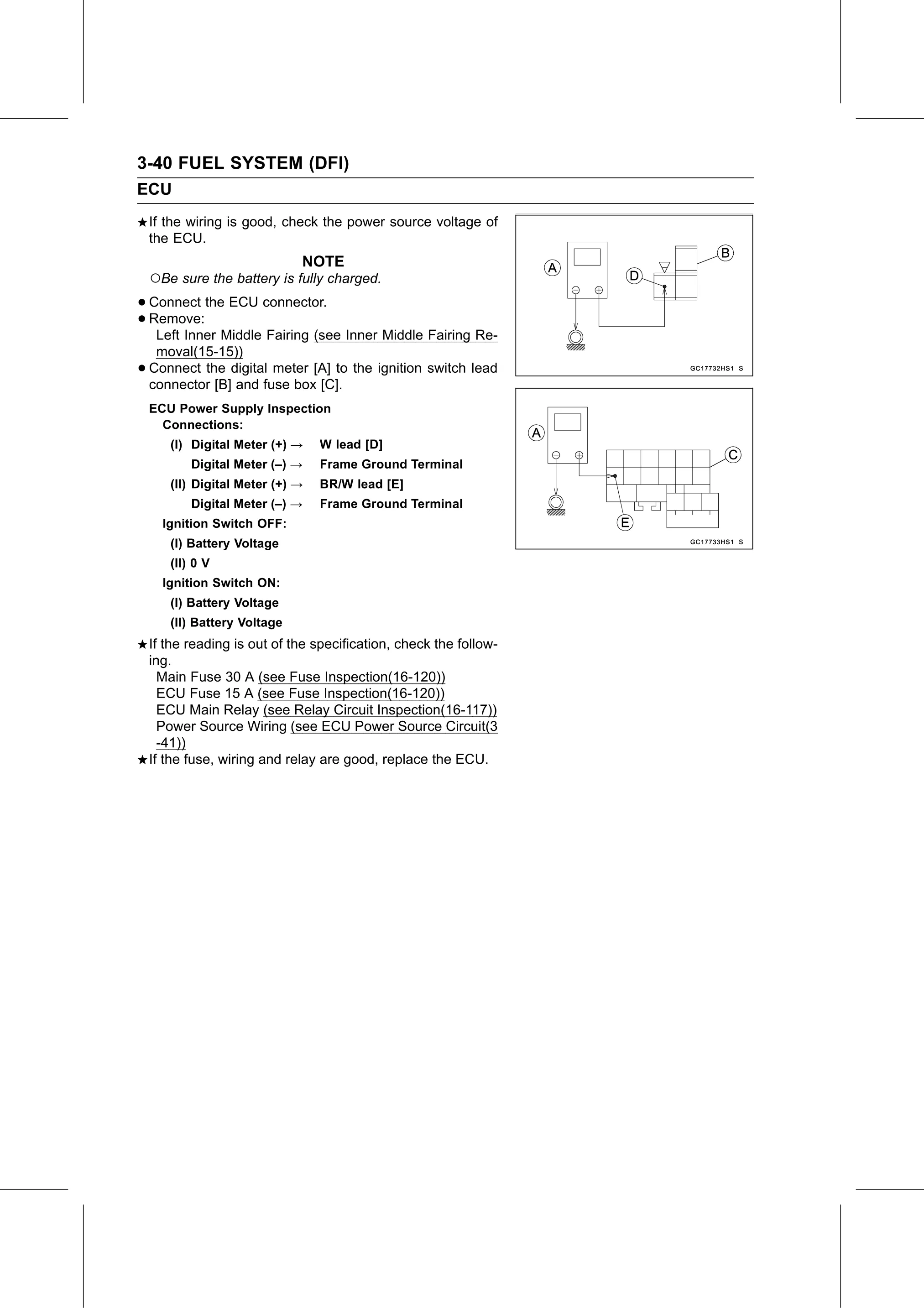 Service Manual (KLZ1000C) page 124 — Fuel System (DFI) › ECU Power Supply Inspection