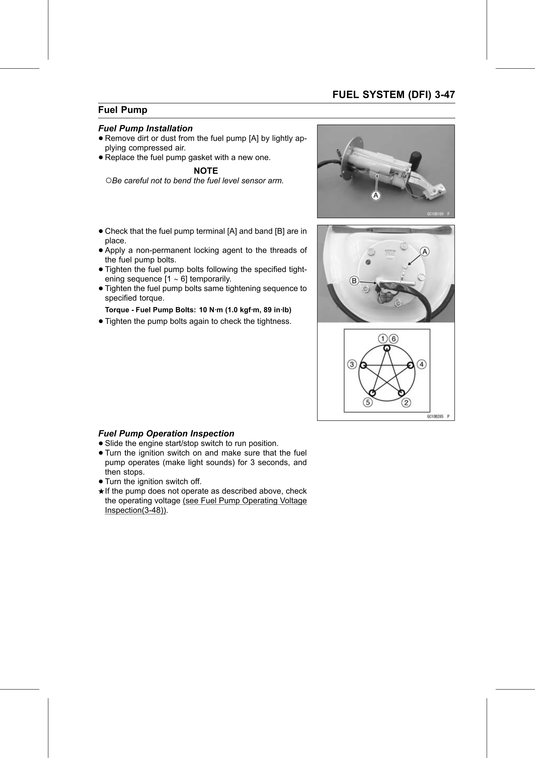 Service Manual (KLZ1000C) page 131 — Fuel System (DFI) › Fuel Pump Operation Inspection