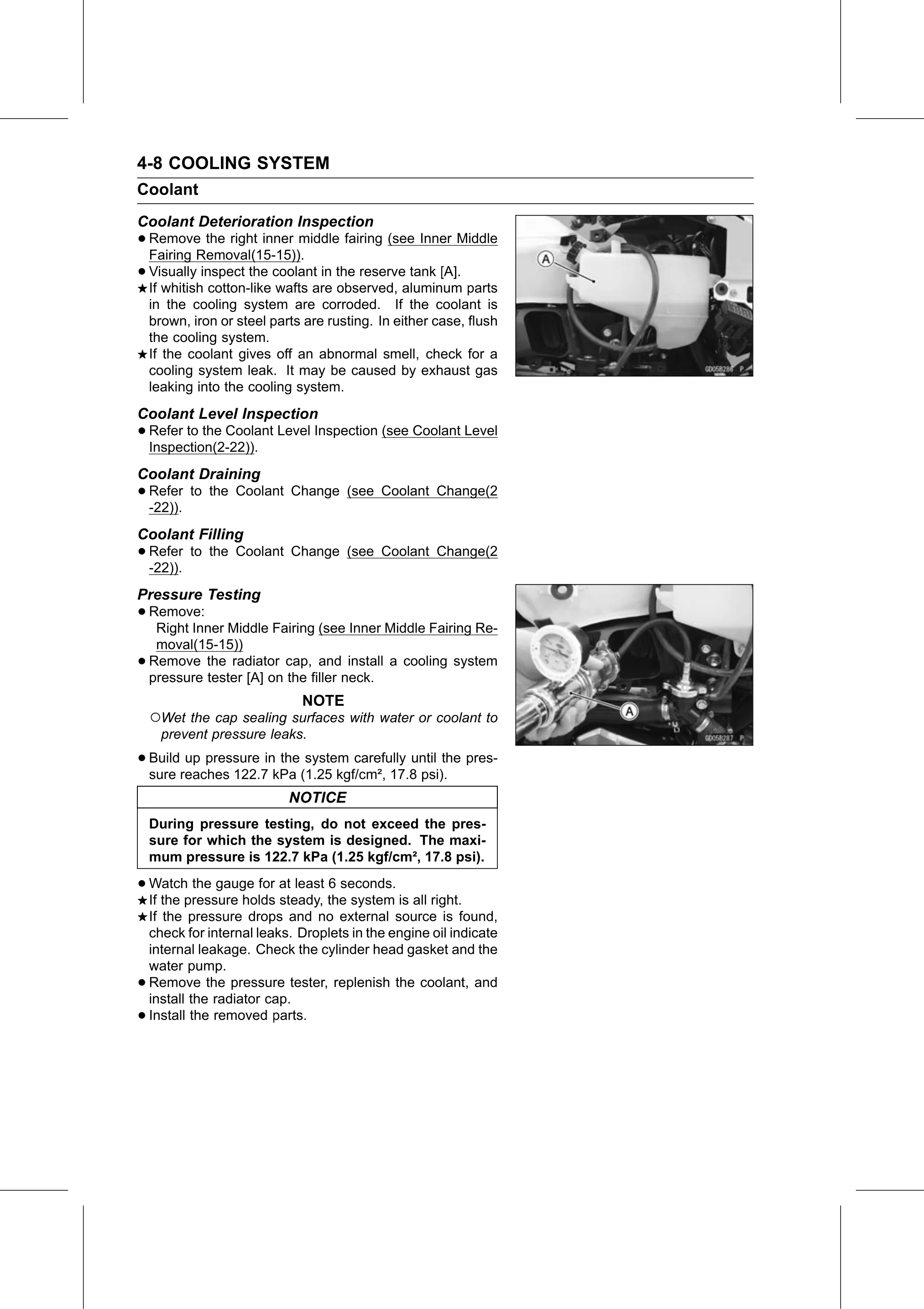 Service Manual (KLZ1000C) page 154 — Cooling System › Pressure Testing