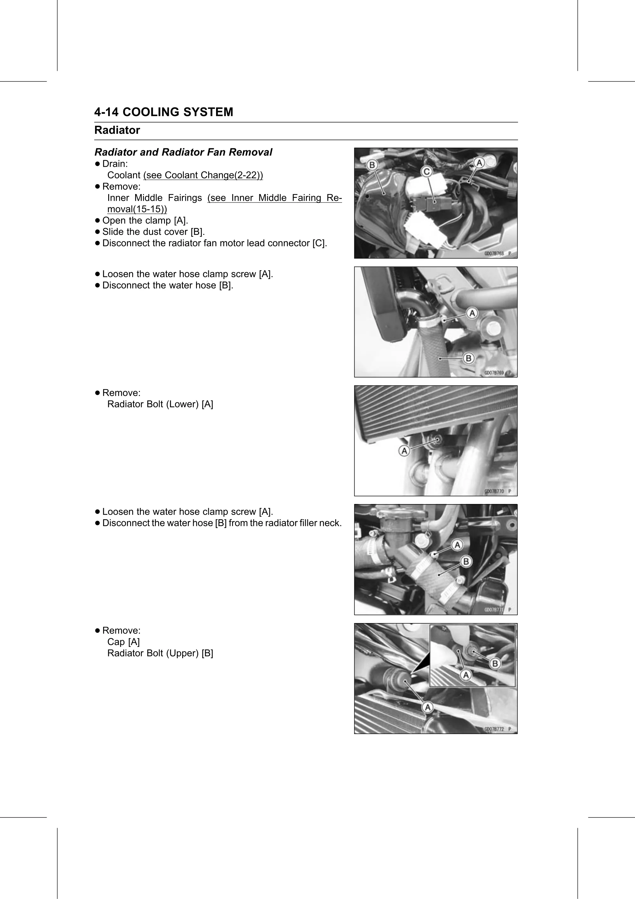 Service Manual (KLZ1000C) page 160 — Cooling System › Radiator and Radiator Fan Removal