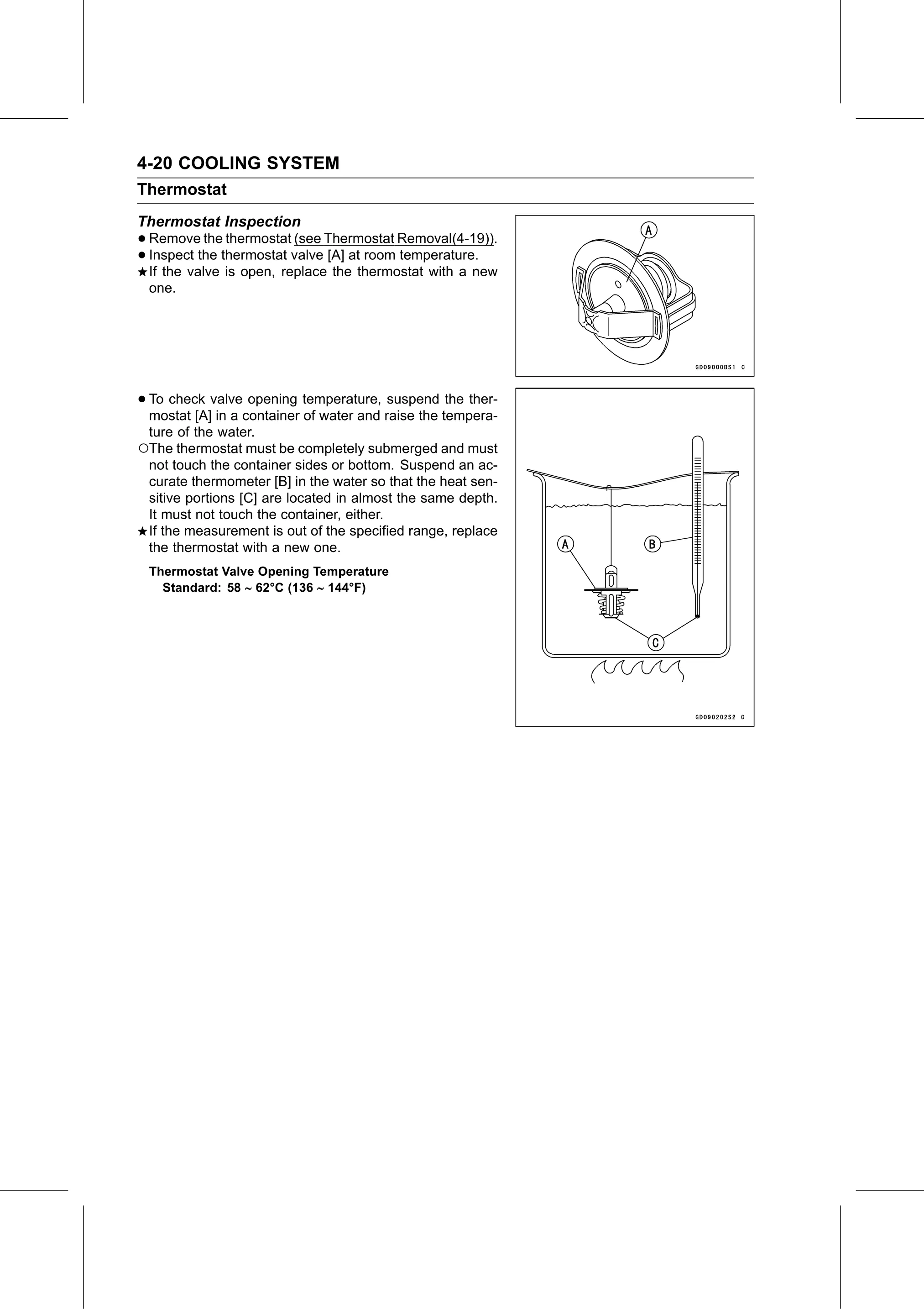 Service Manual (KLZ1000C) page 166 — Cooling System › Thermostat Inspection