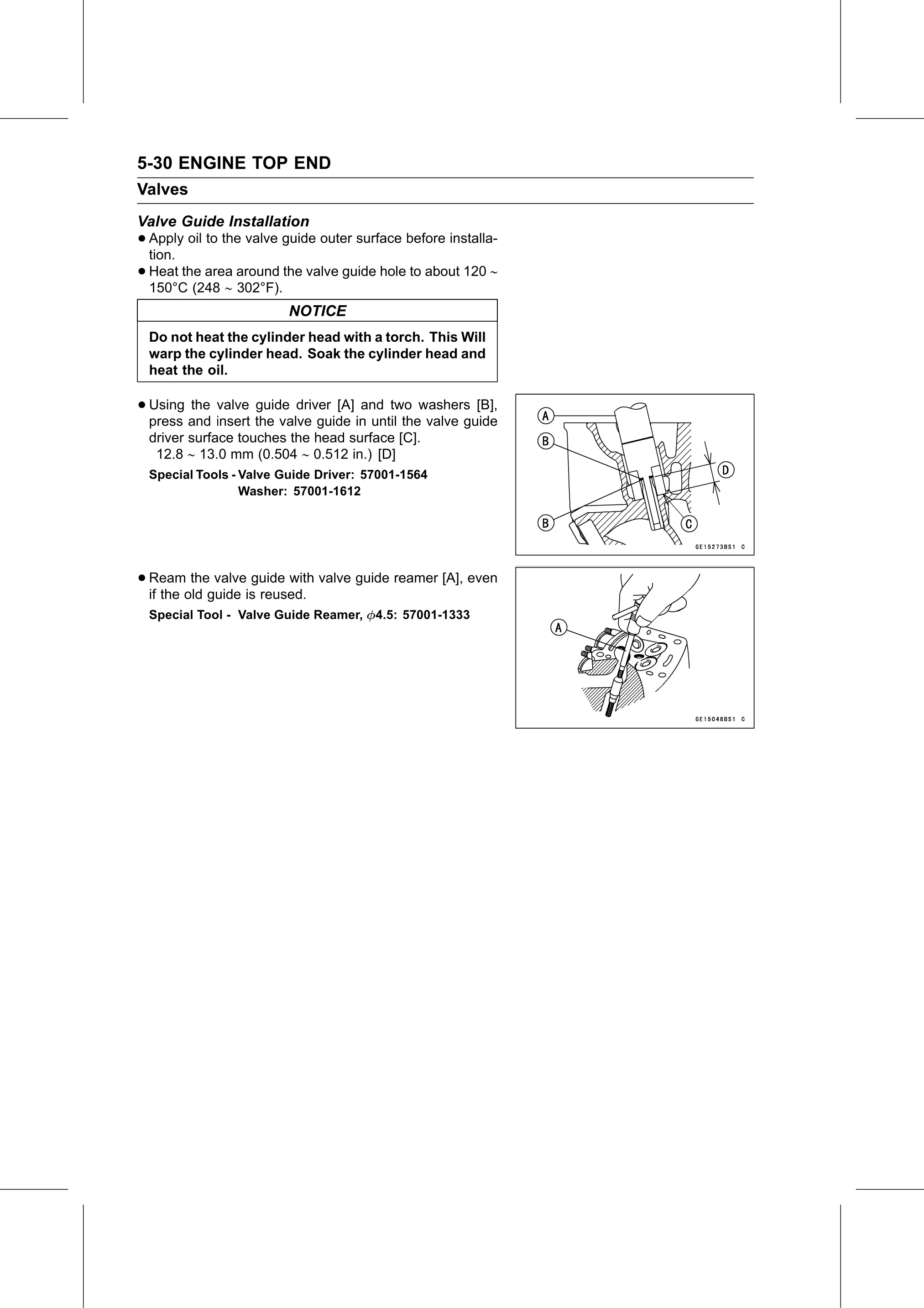 Service Manual (KLZ1000C) page 198 — Engine Top End › Valve Guide Installation
