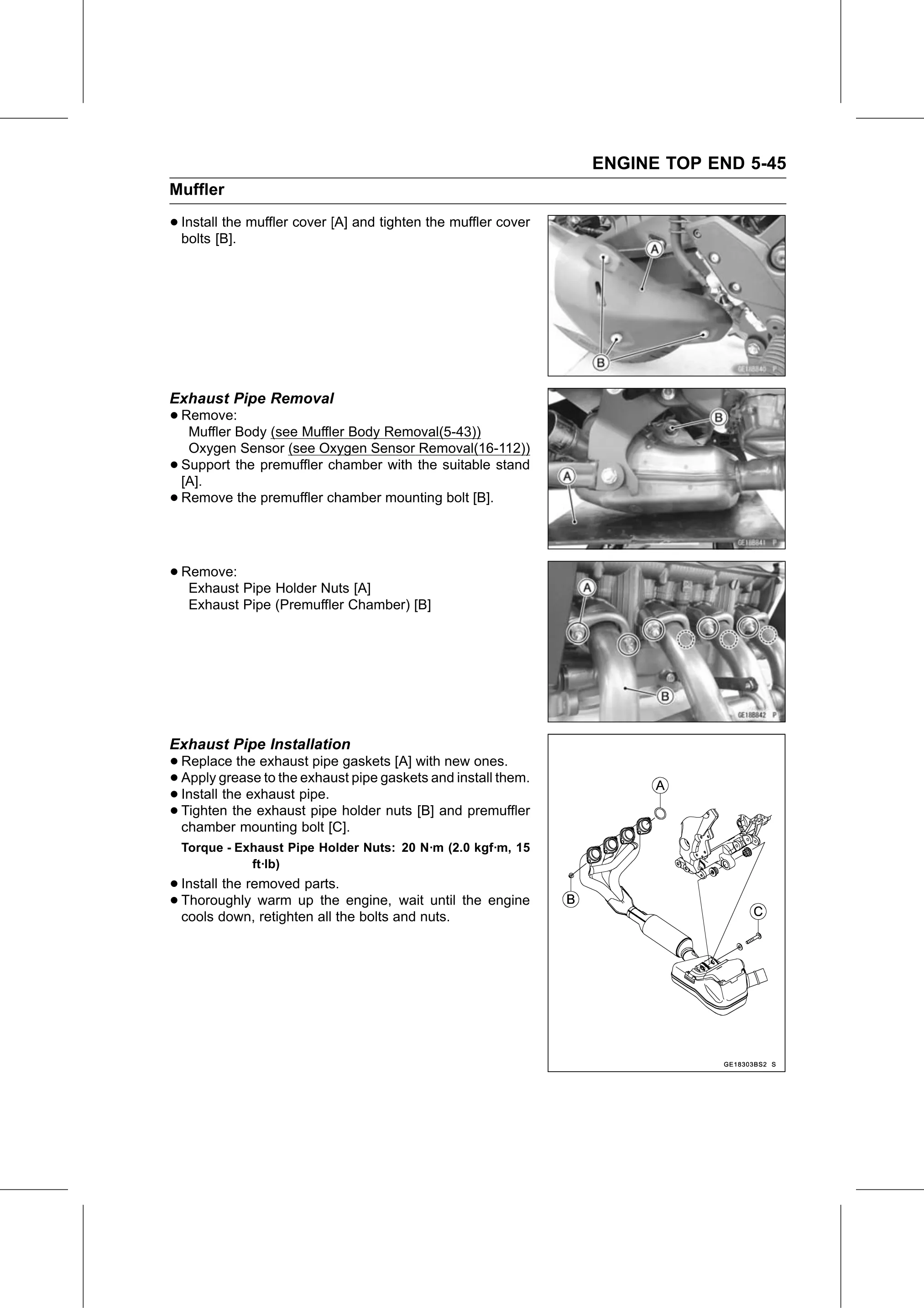 Service Manual (KLZ1000C) page 213 — Engine Top End › Exhaust Pipe Installation