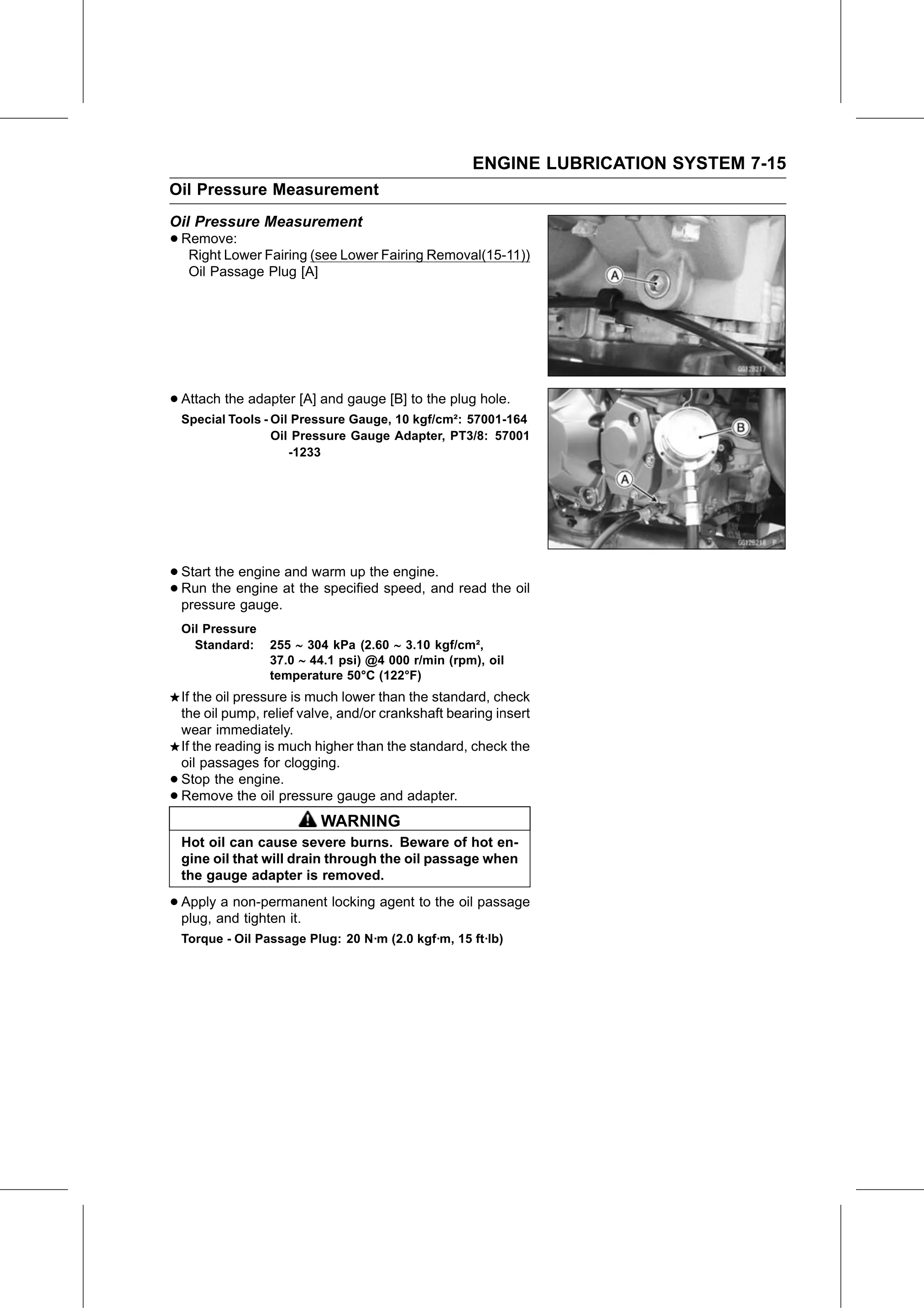Service Manual (KLZ1000C) page 249 — Engine Lubrication System › Oil Pressure Measurement