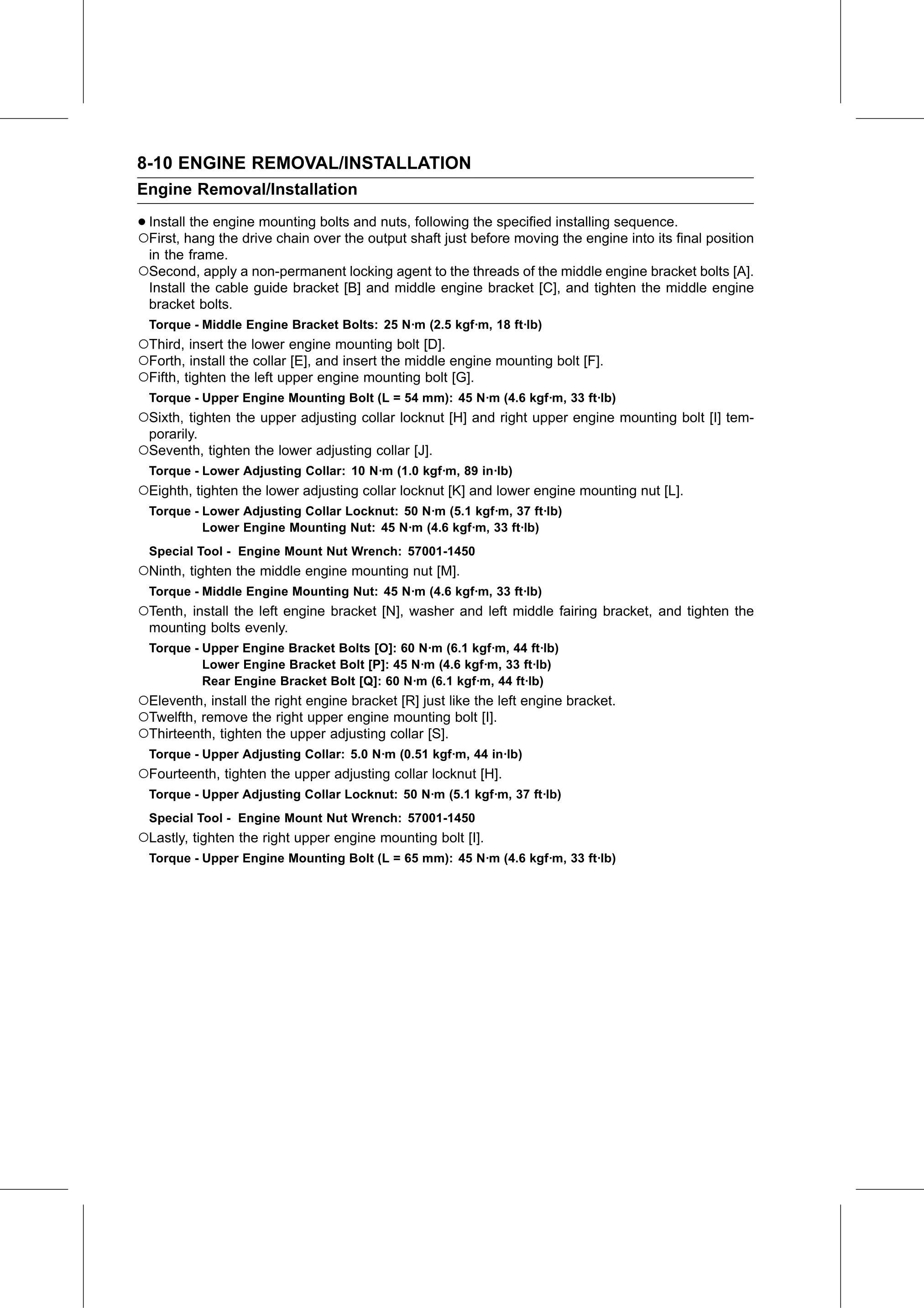 Service Manual (KLZ1000C) page 262 — Engine Removal/Installation › Engine Installation
