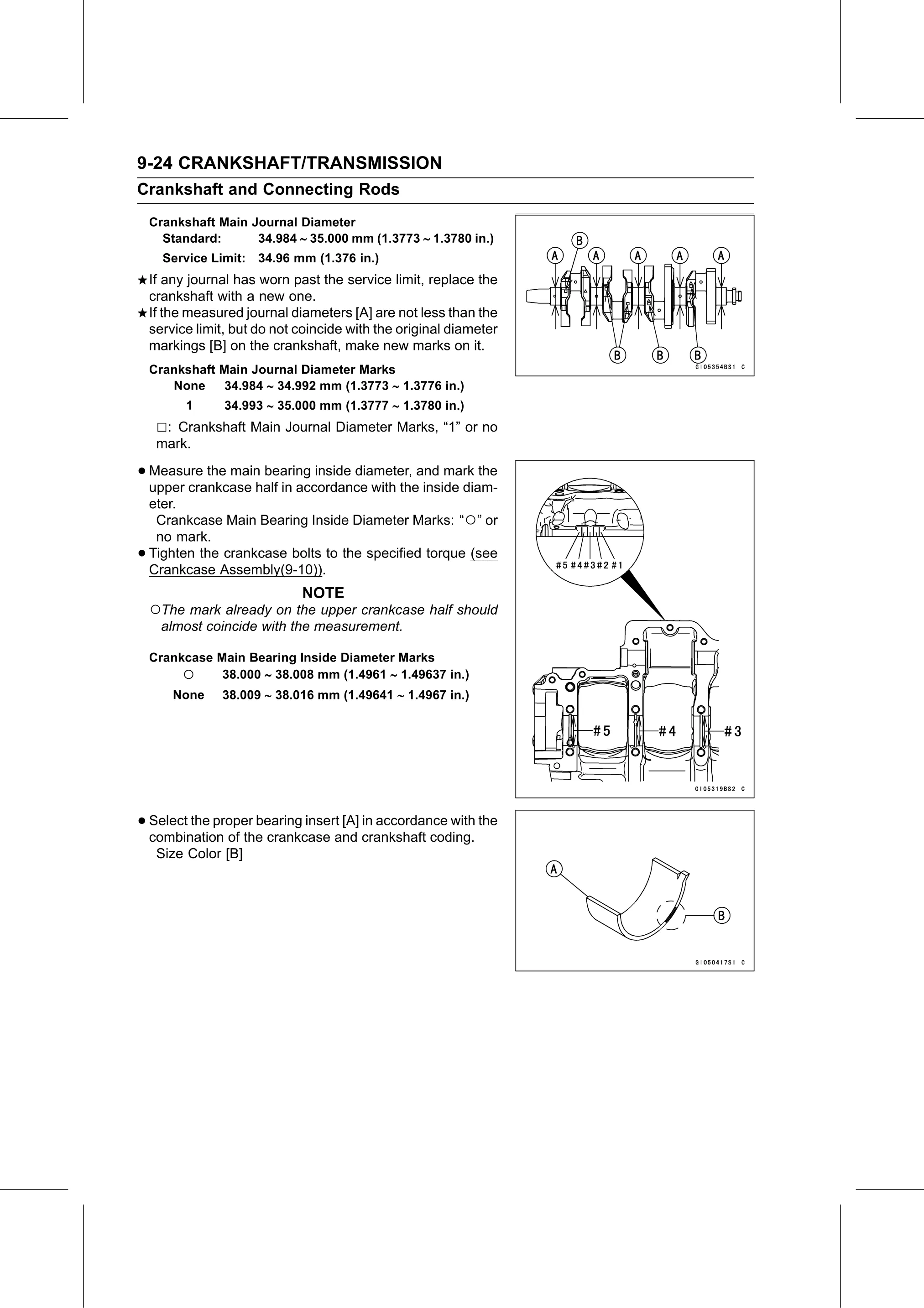 Service Manual (KLZ1000C) page 288 — Crankshaft/Transmission › Crankshaft Main Bearing Insert/Journal Wear Inspection