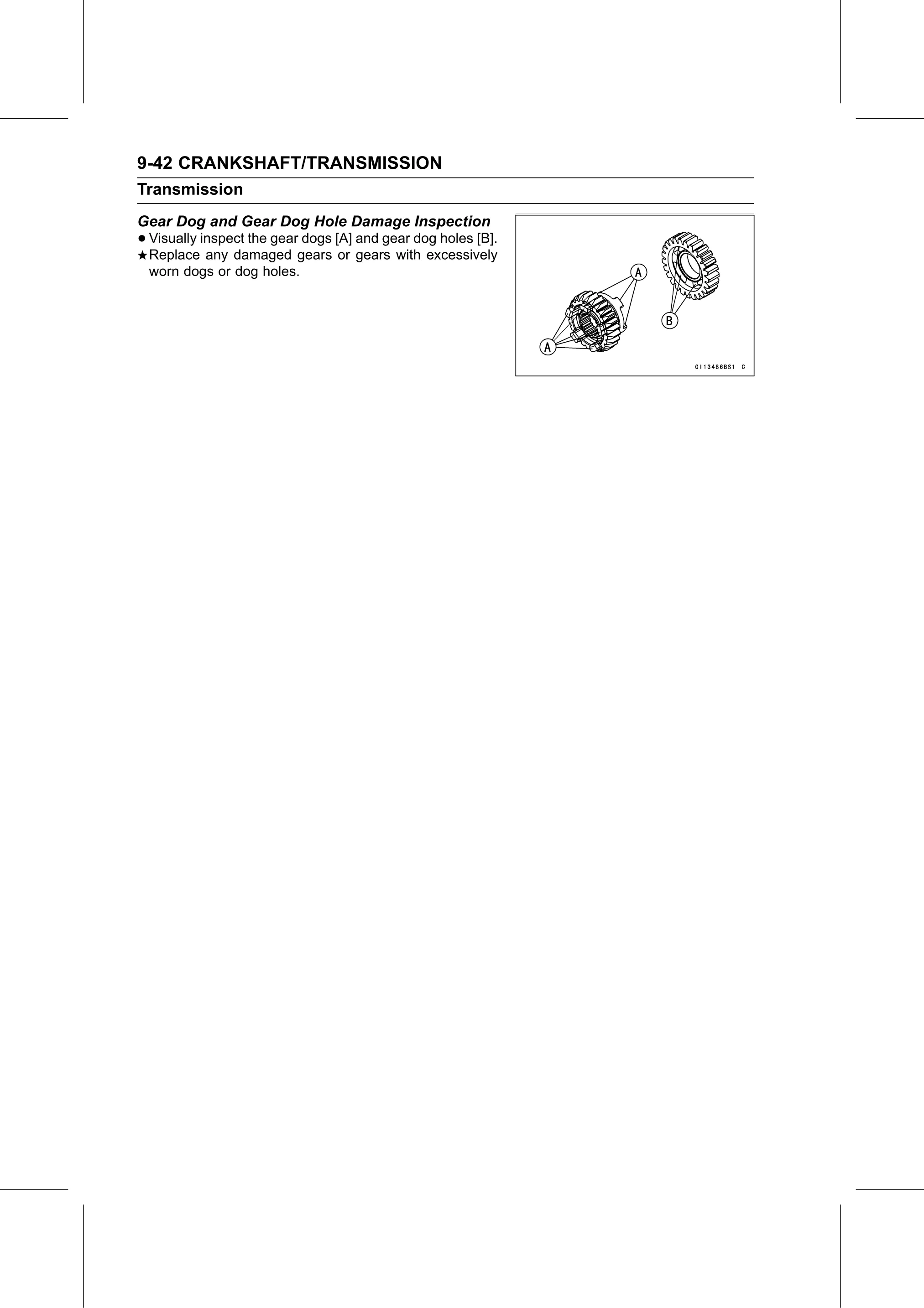 Service Manual (KLZ1000C) page 306 — Crankshaft/Transmission › Gear Dog and Gear Dog Hole Damage Inspection