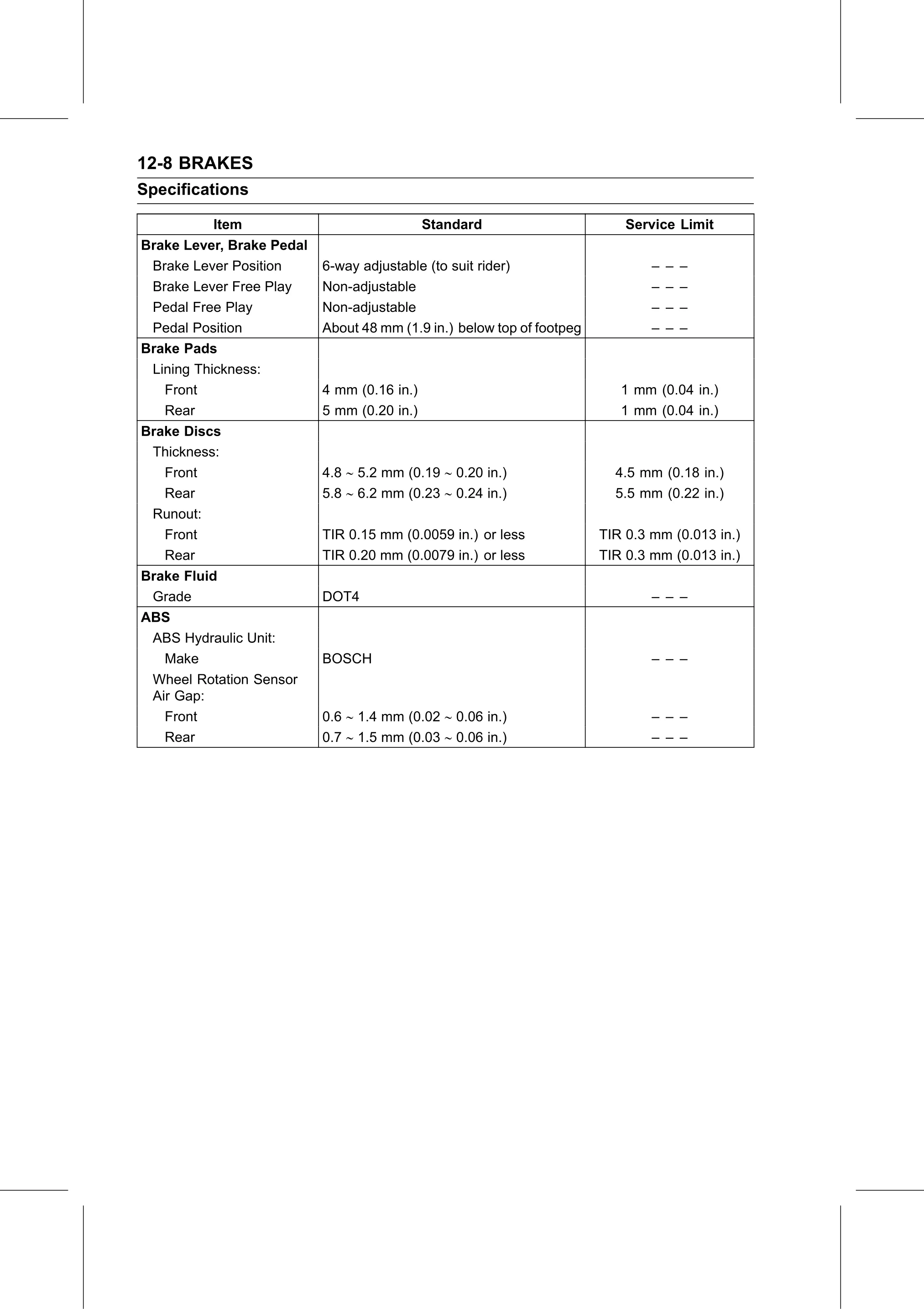 Service Manual (KLZ1000C) page 348 — Brakes › Specifications