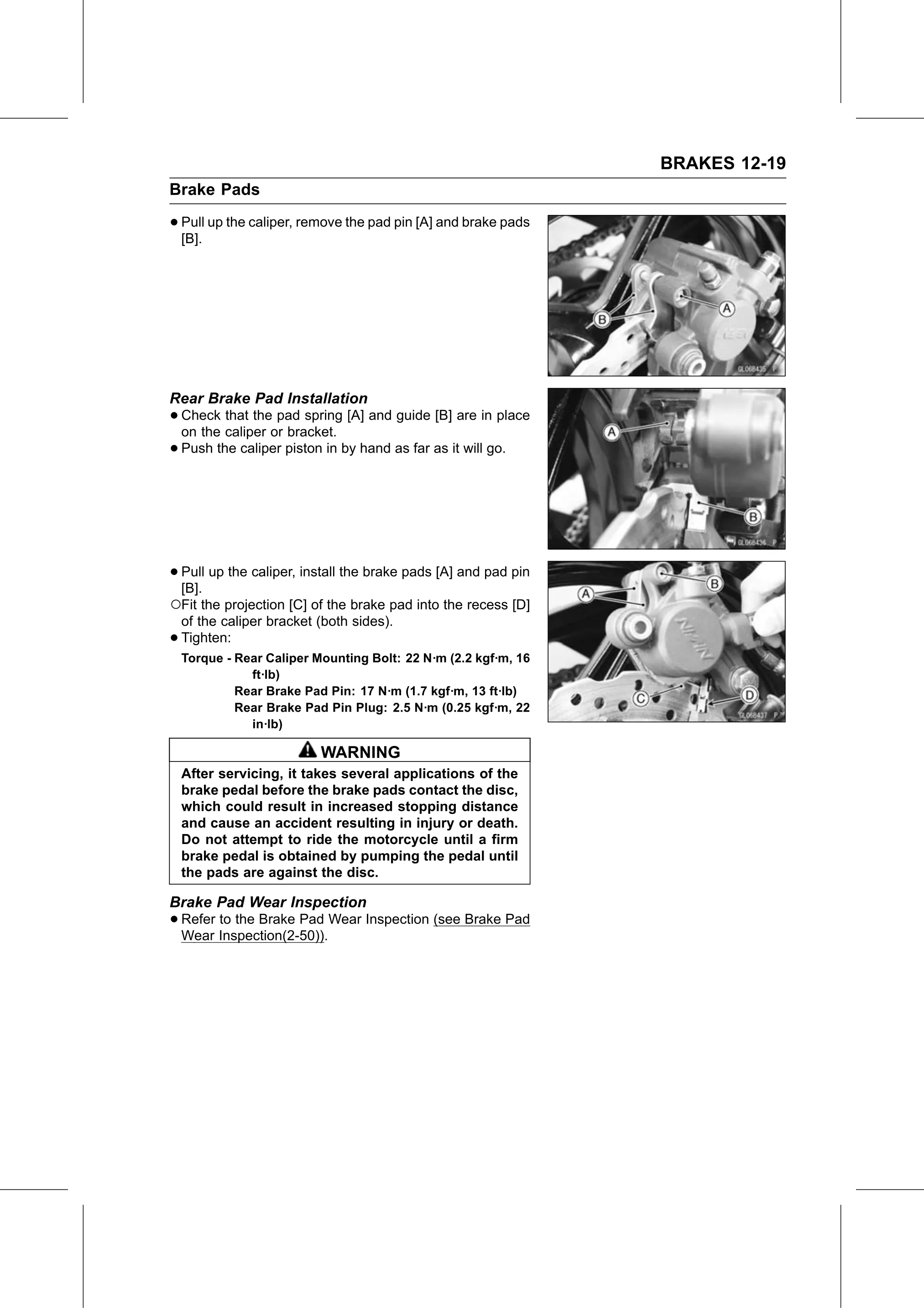 Service Manual (KLZ1000C) page 359 — Brakes › Brake Pad Wear Inspection