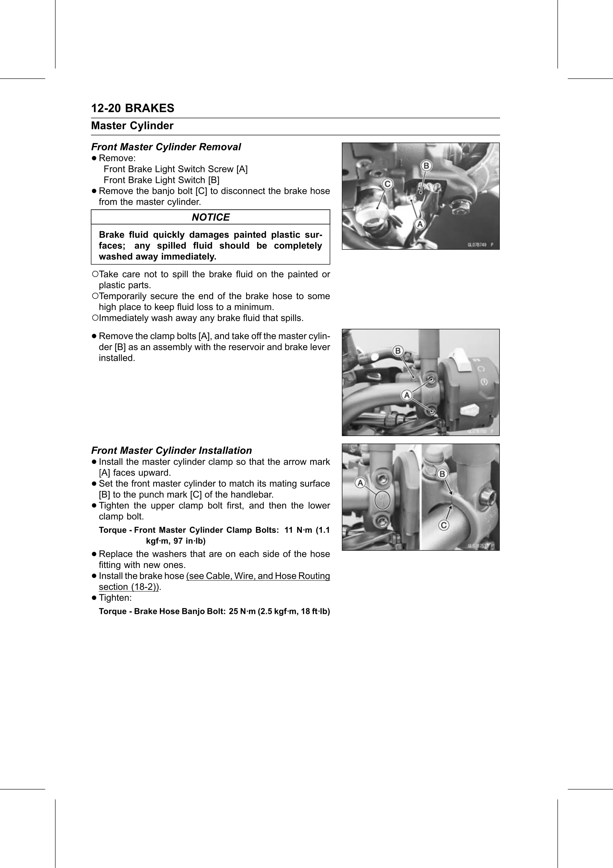 Service Manual (KLZ1000C) page 360 — Brakes › Front Master Cylinder Installation