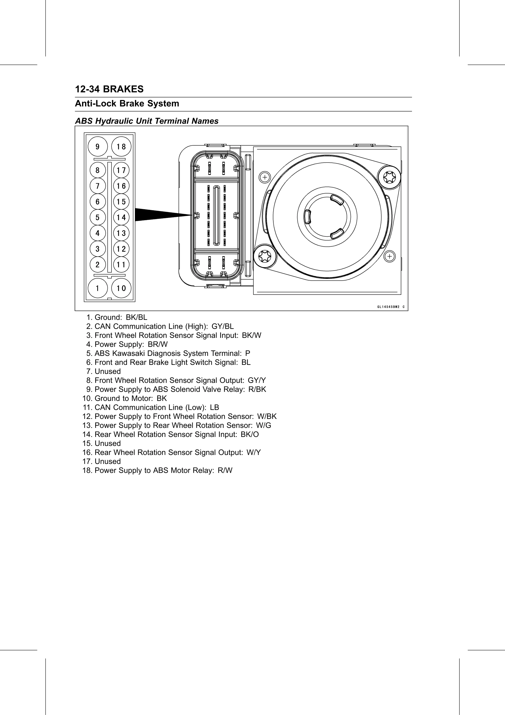 Service Manual (KLZ1000C) page 374 — Brakes › ABS Hydraulic Unit Terminal Names
