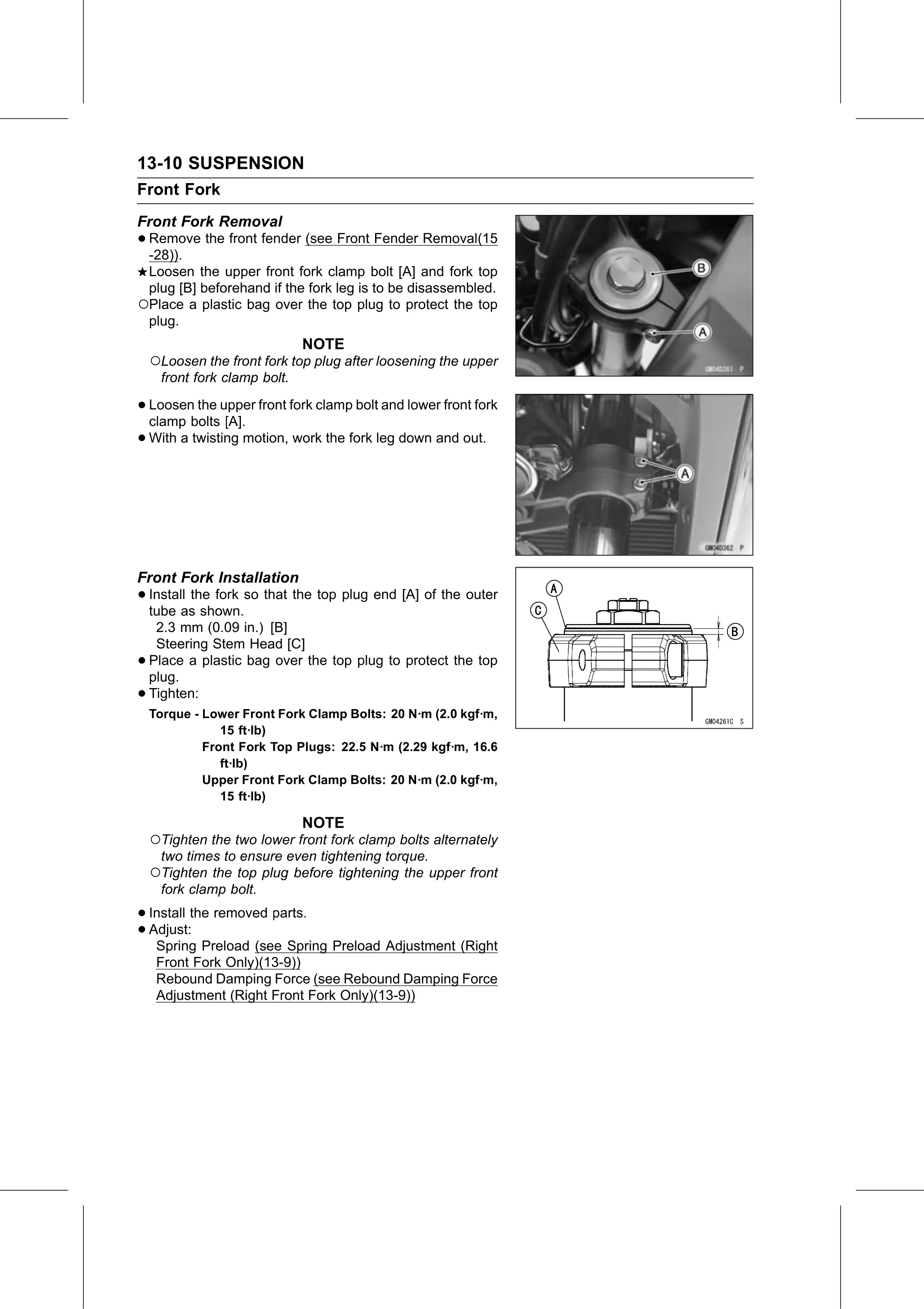 Service Manual (KLZ1000C) page 402 — Suspension › Front Fork Installation