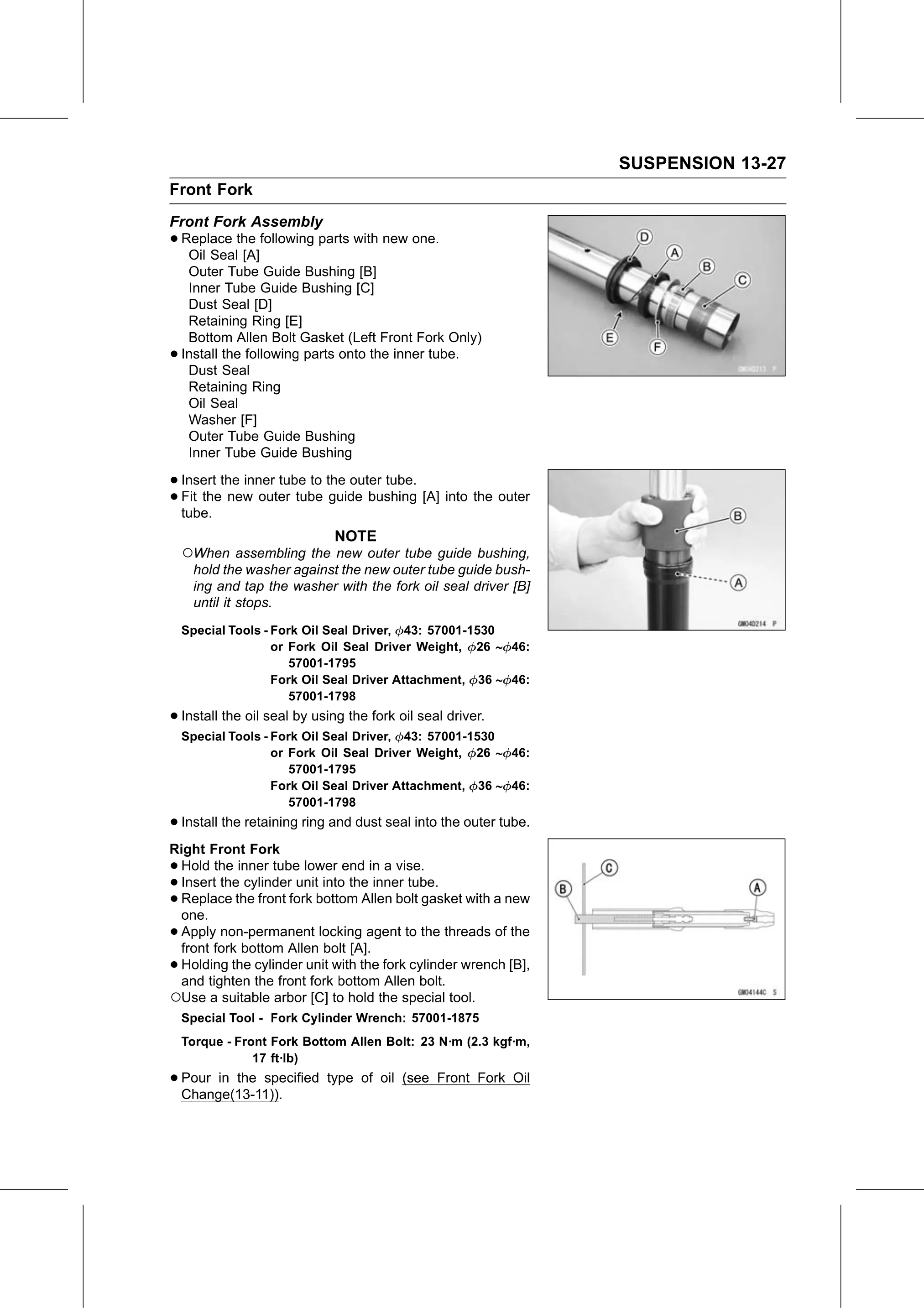 Service Manual (KLZ1000C) page 419 — Suspension › Front Fork Assembly