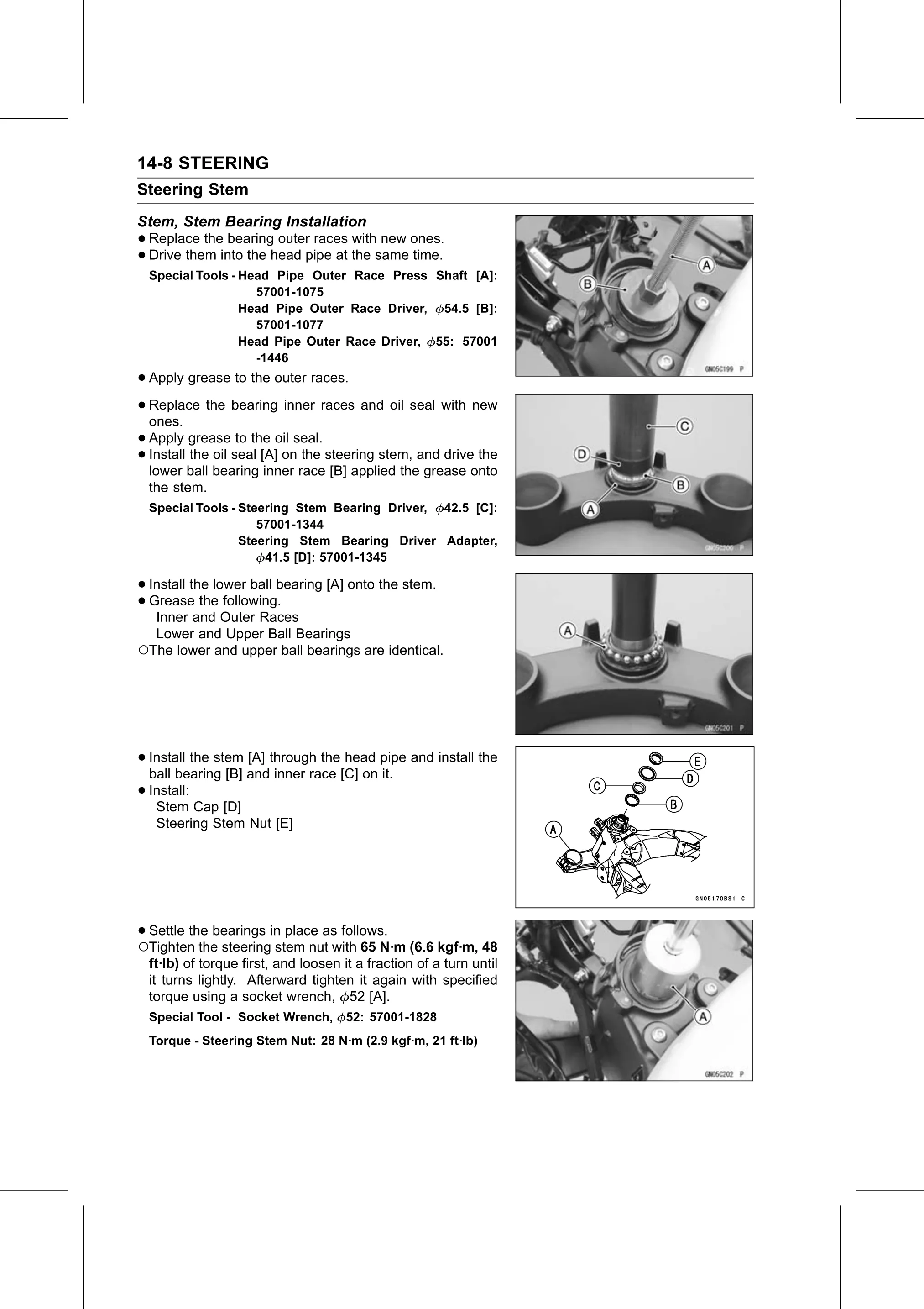 Service Manual (KLZ1000C) page 438 — Steering › Stem, Stem Bearing Installation