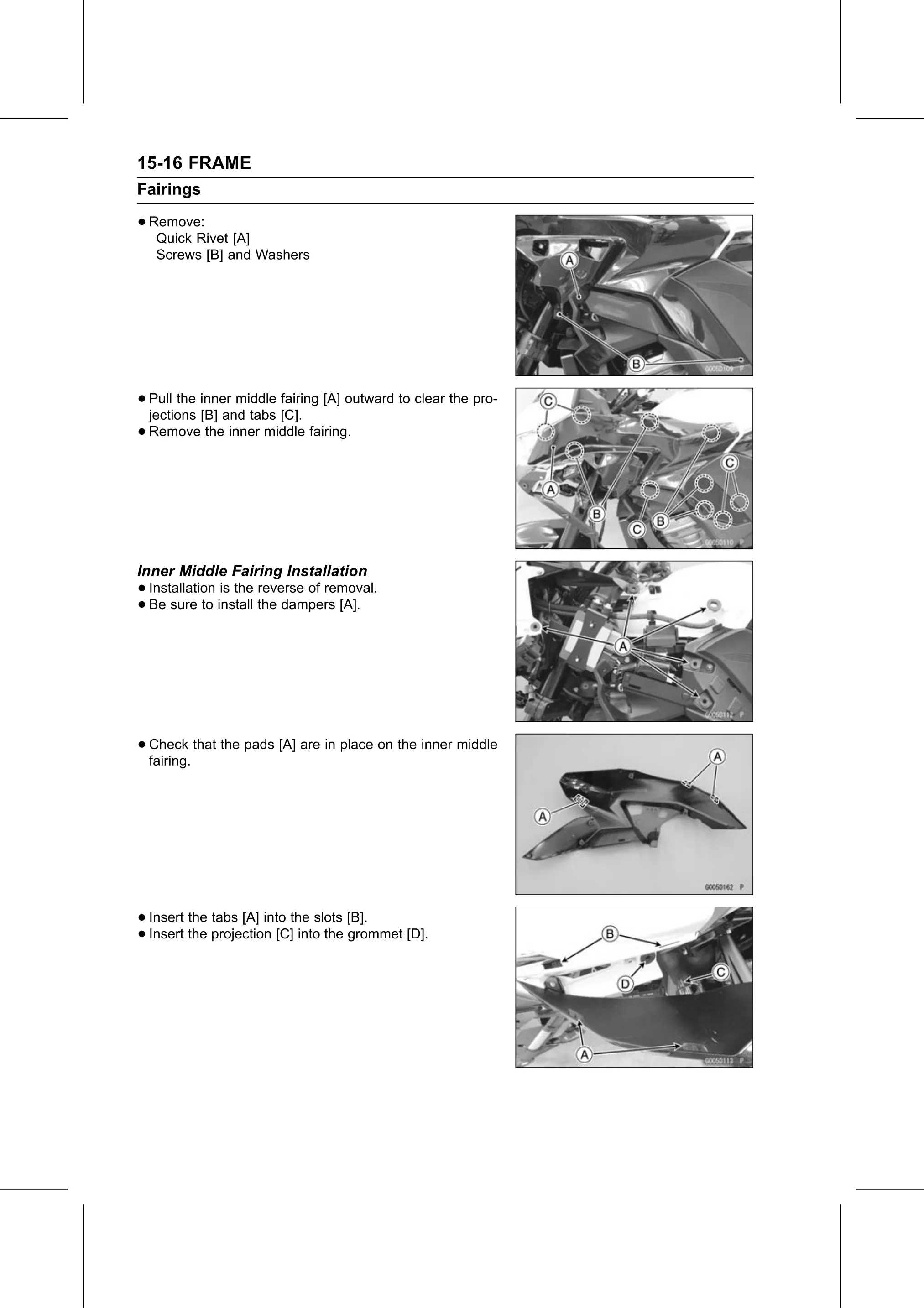 Service Manual (KLZ1000C) page 460 — Frame › Inner Middle Fairing Installation