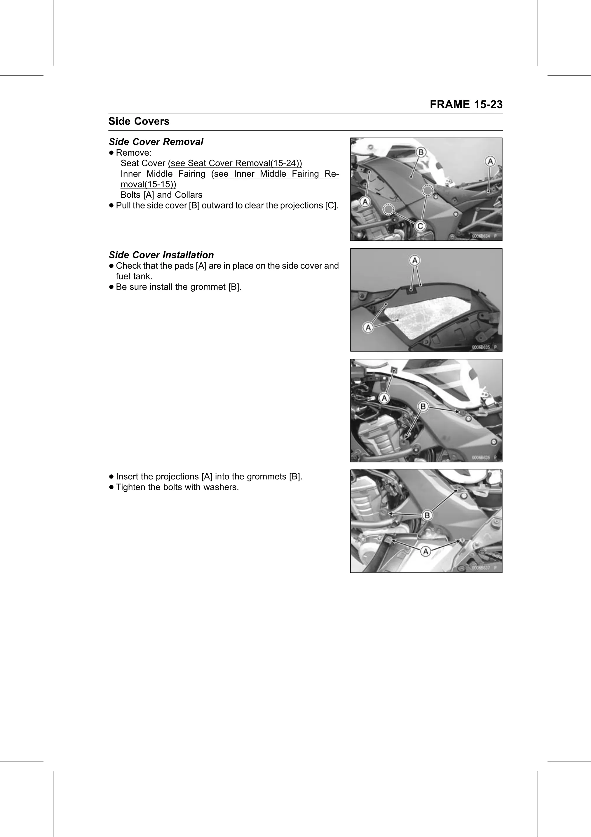 Service Manual (KLZ1000C) page 467 — Frame › Side Cover Installation