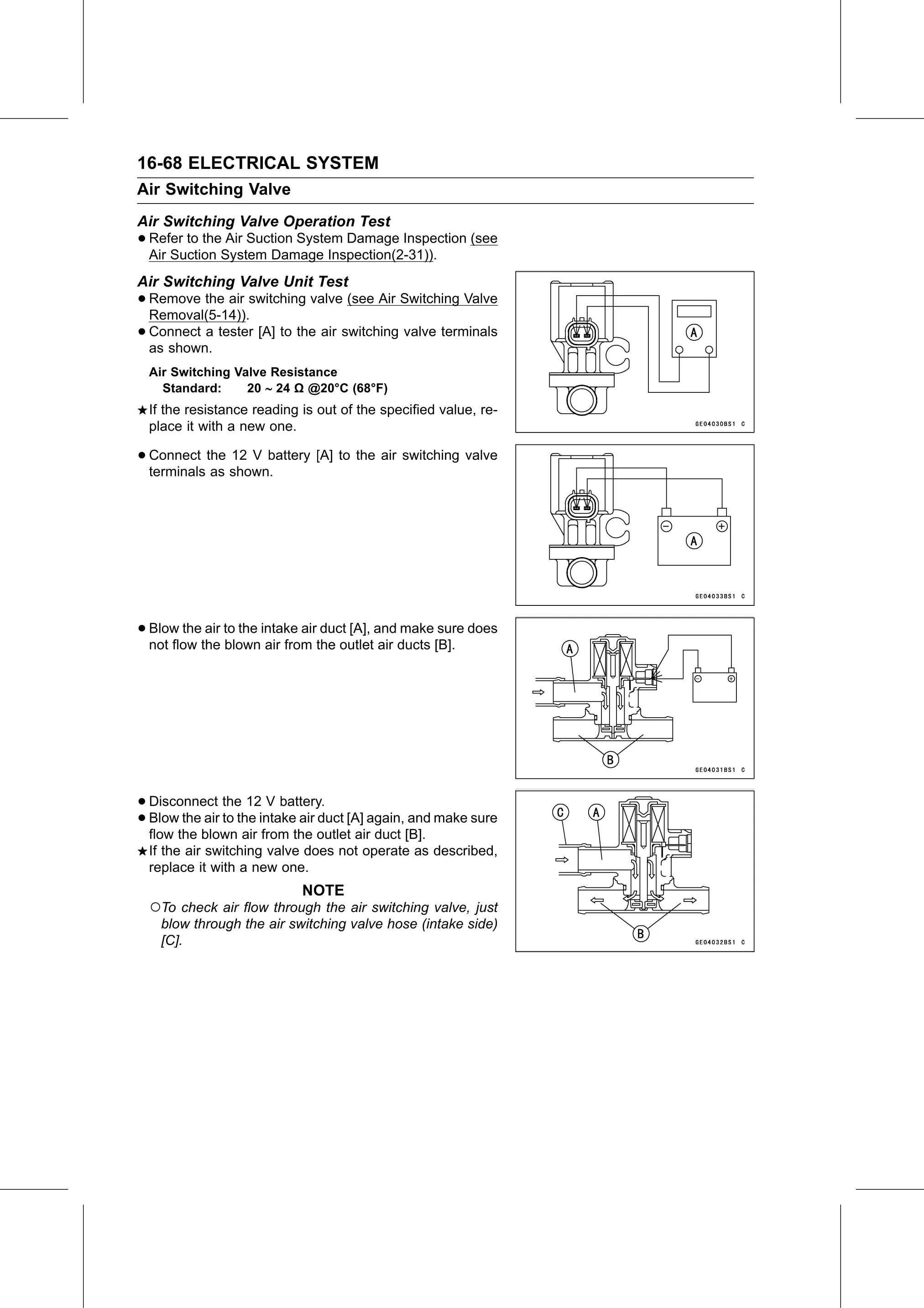 Service Manual (KLZ1000C) page 550 — Electrical System › Air Switching Valve Unit Test