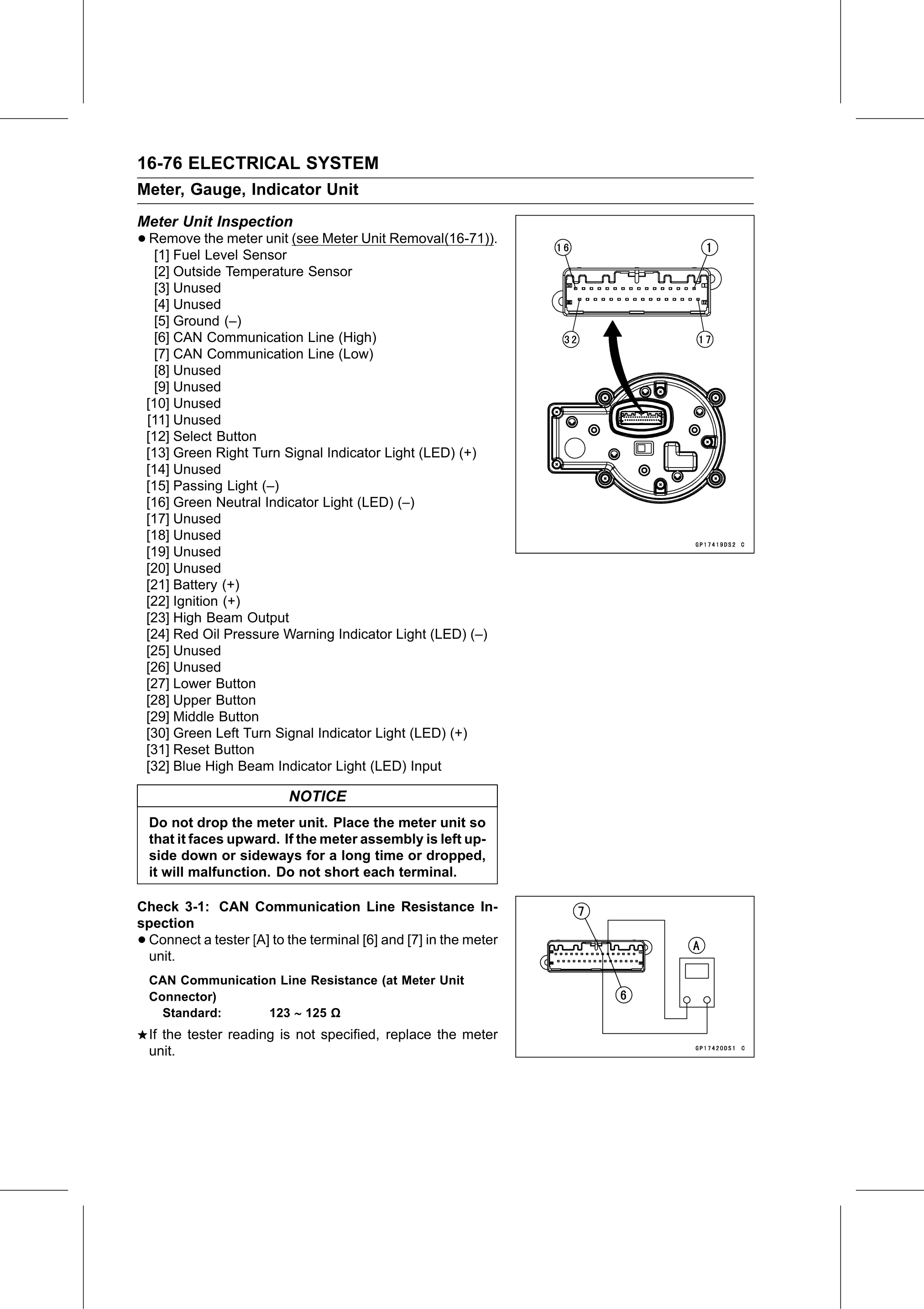 Service Manual (KLZ1000C) page 558 — Electrical System › Meter Unit Inspection