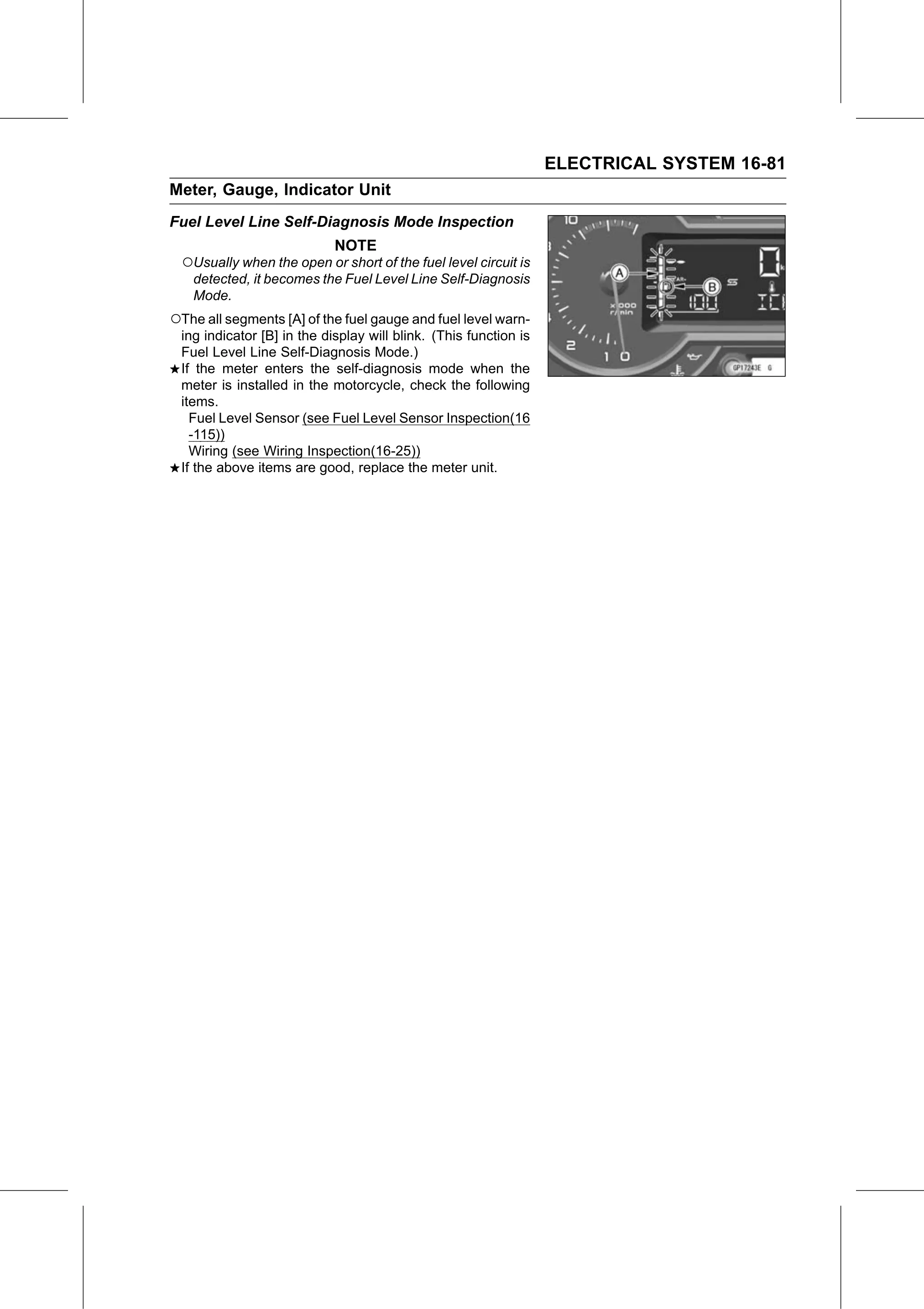 Service Manual (KLZ1000C) page 563 — Electrical System › Fuel Level Line Self-Diagnosis Mode Inspection