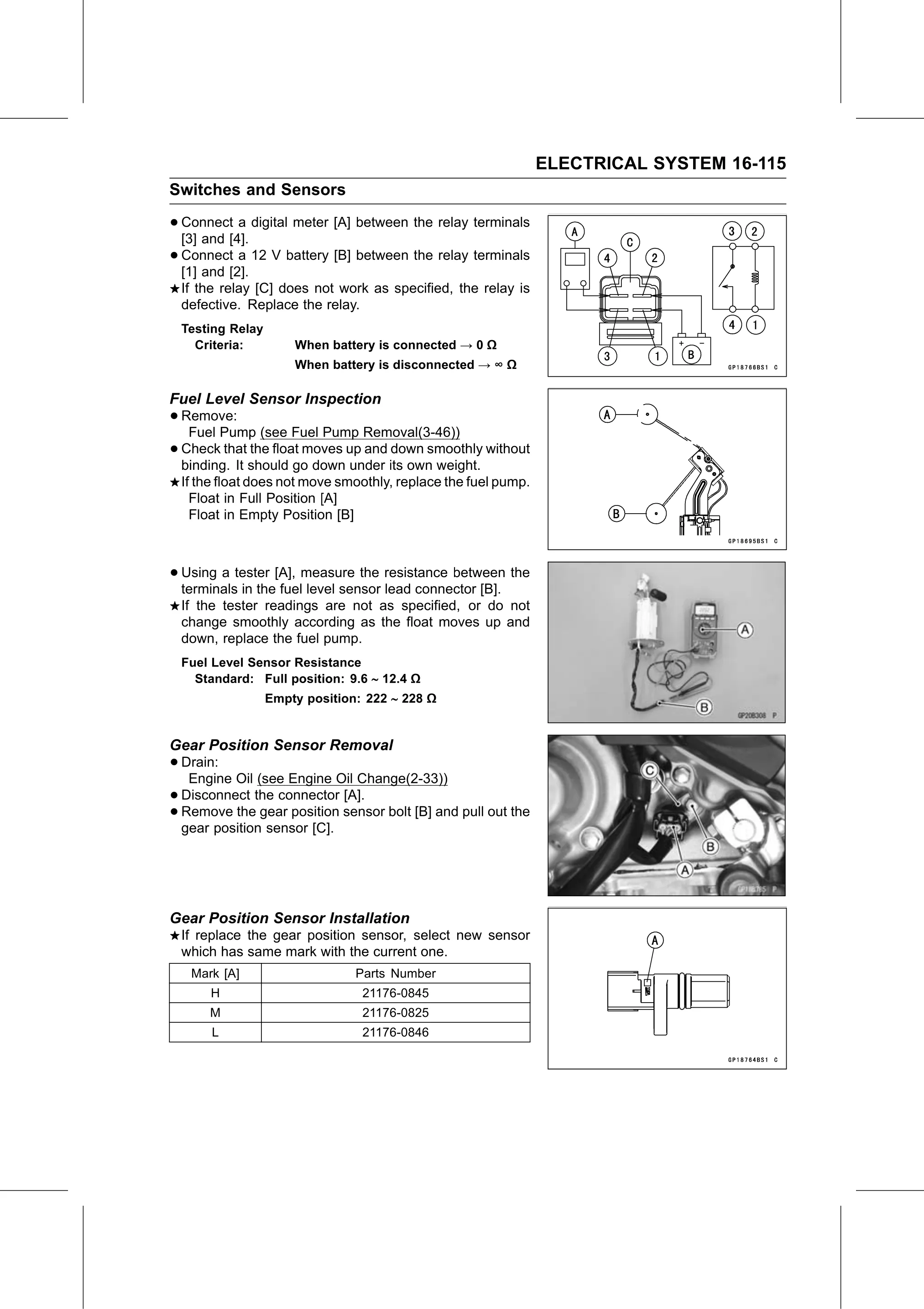 Service Manual (KLZ1000C) page 597 — Electrical System › Gear Position Sensor Installation