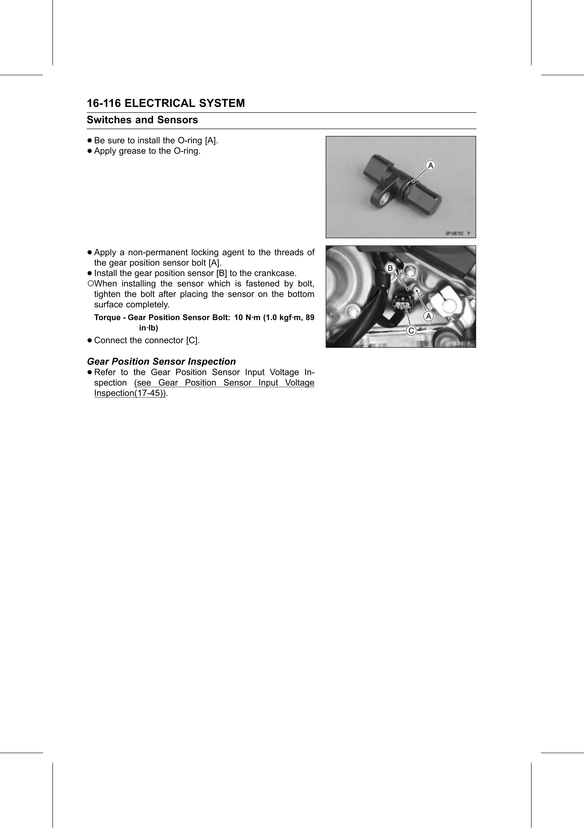 Service Manual (KLZ1000C) page 598 — Electrical System › Gear Position Sensor Inspection