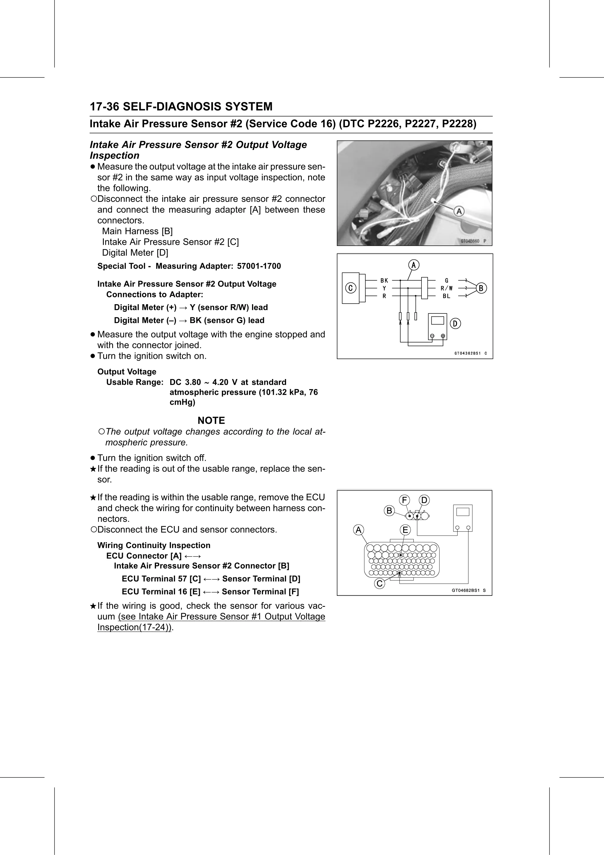 Service Manual (KLZ1000C) page 638 — Self-Diagnosis System › Intake Air Pressure Sensor #2 Output Voltage Inspection
