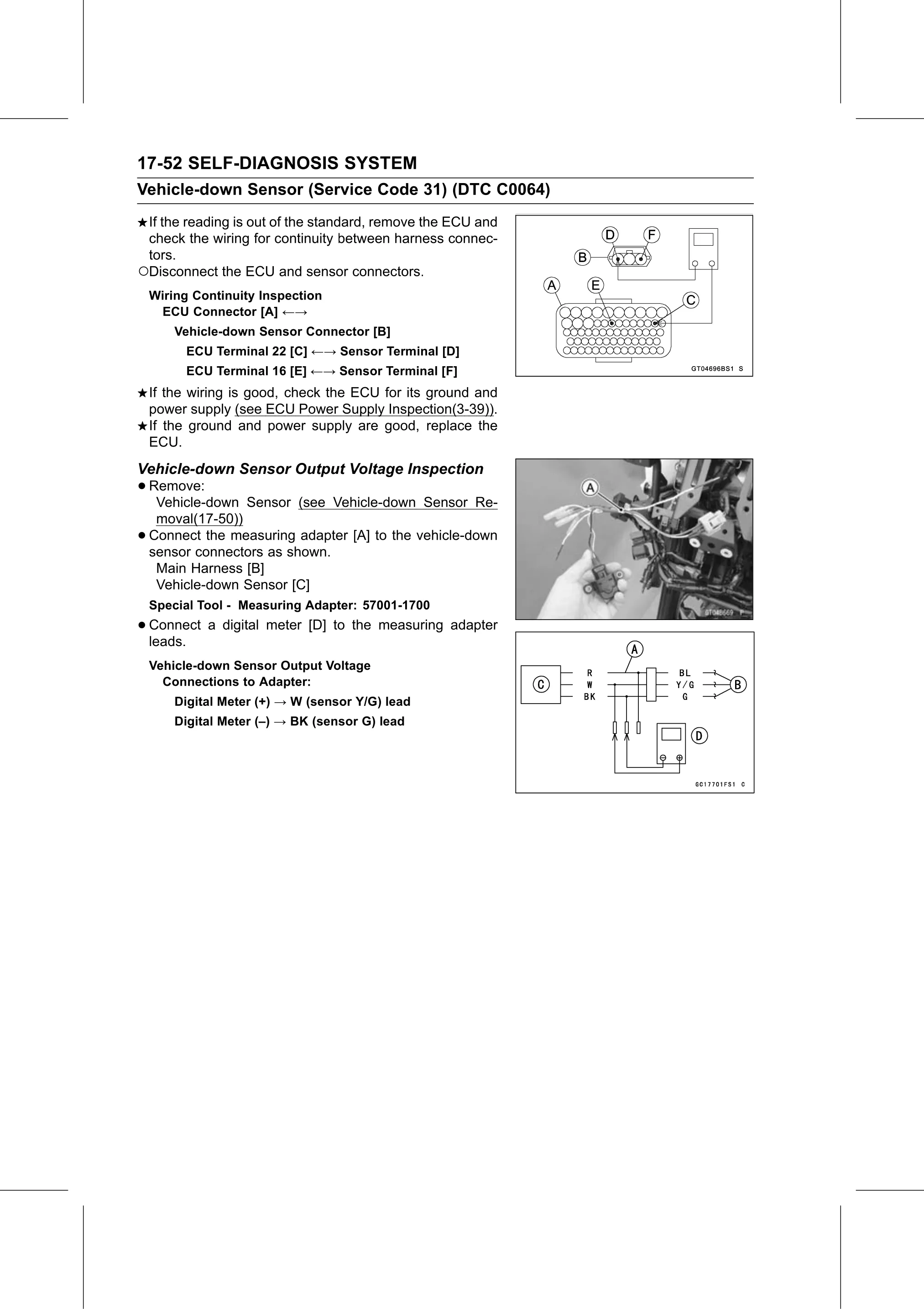 Service Manual (KLZ1000C) page 654 — Self-Diagnosis System › Vehicle-down Sensor Output Voltage Inspection