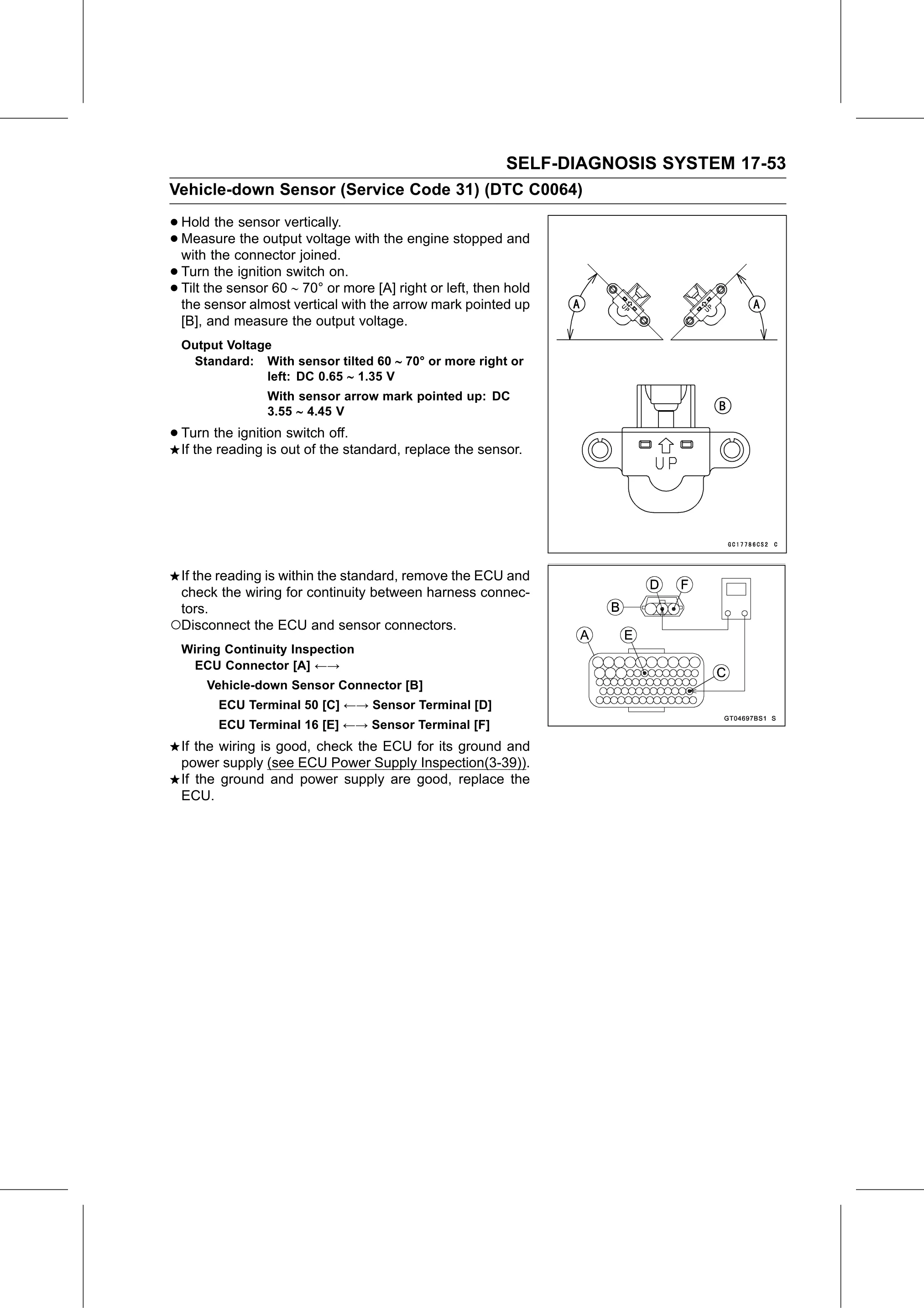 Service Manual (KLZ1000C) page 655 — Self-Diagnosis System › Vehicle-down Sensor Output Voltage Inspection