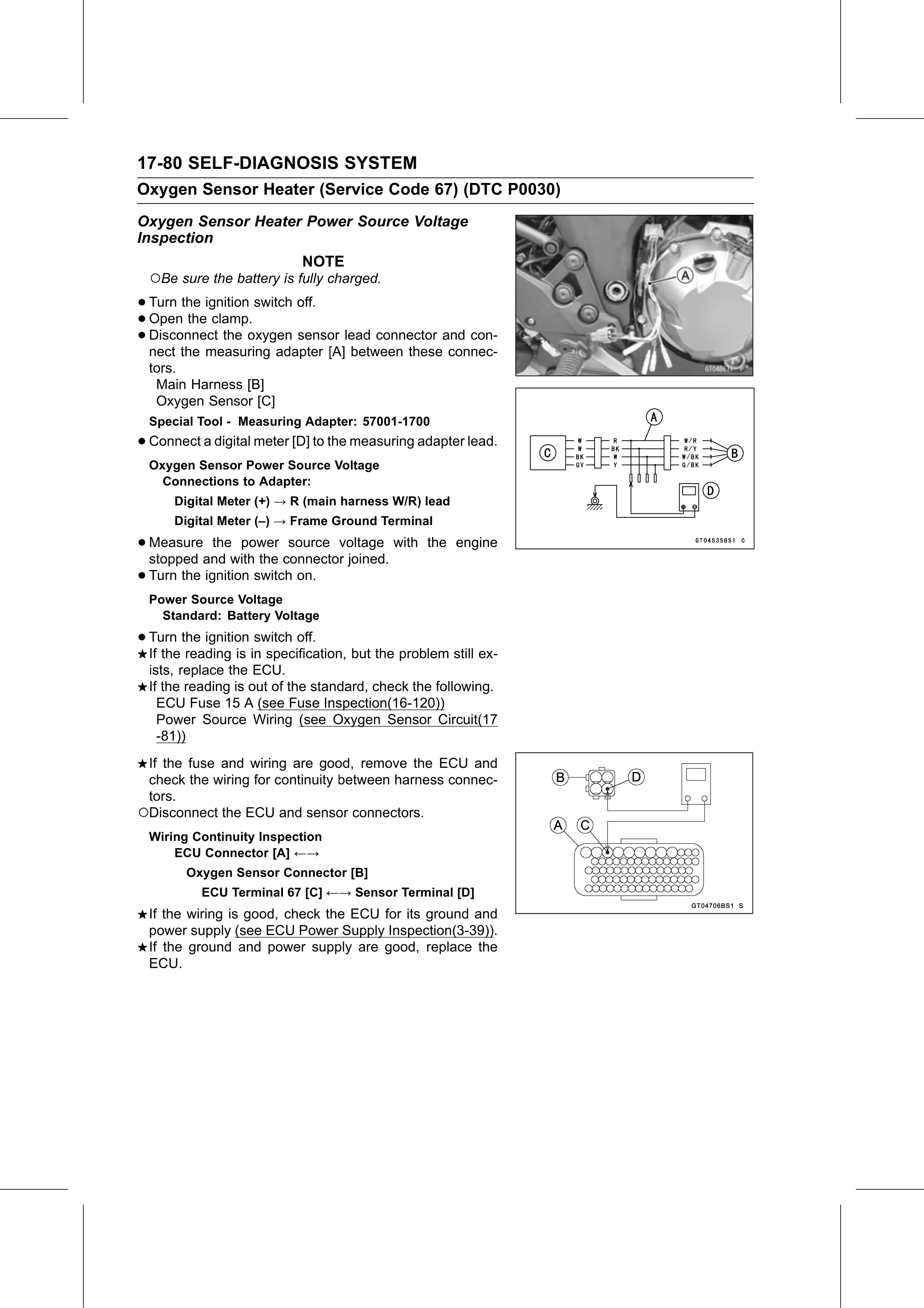 Service Manual (KLZ1000C) page 682 — Self-Diagnosis System › Oxygen Sensor Heater Power Source Voltage Inspection