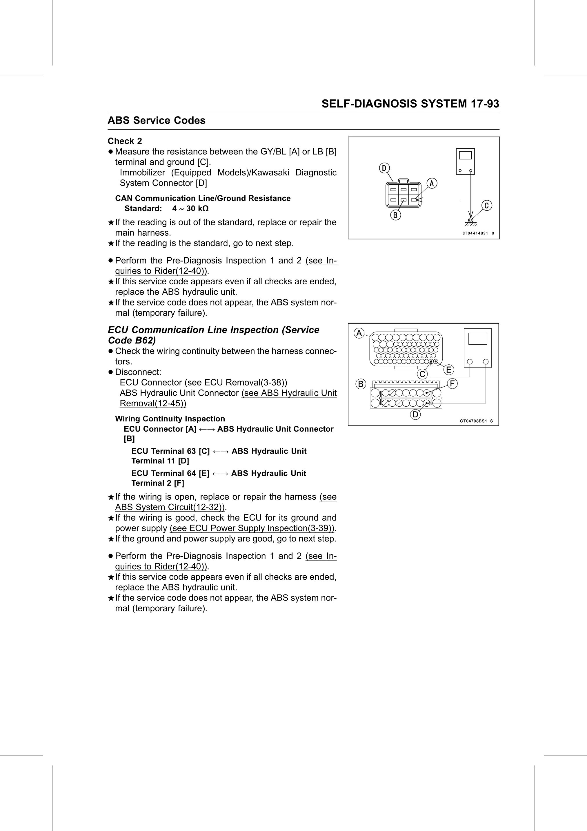 Service Manual (KLZ1000C) page 695 — Self-Diagnosis System › ECU Communication Line Inspection (Service Code B62)
