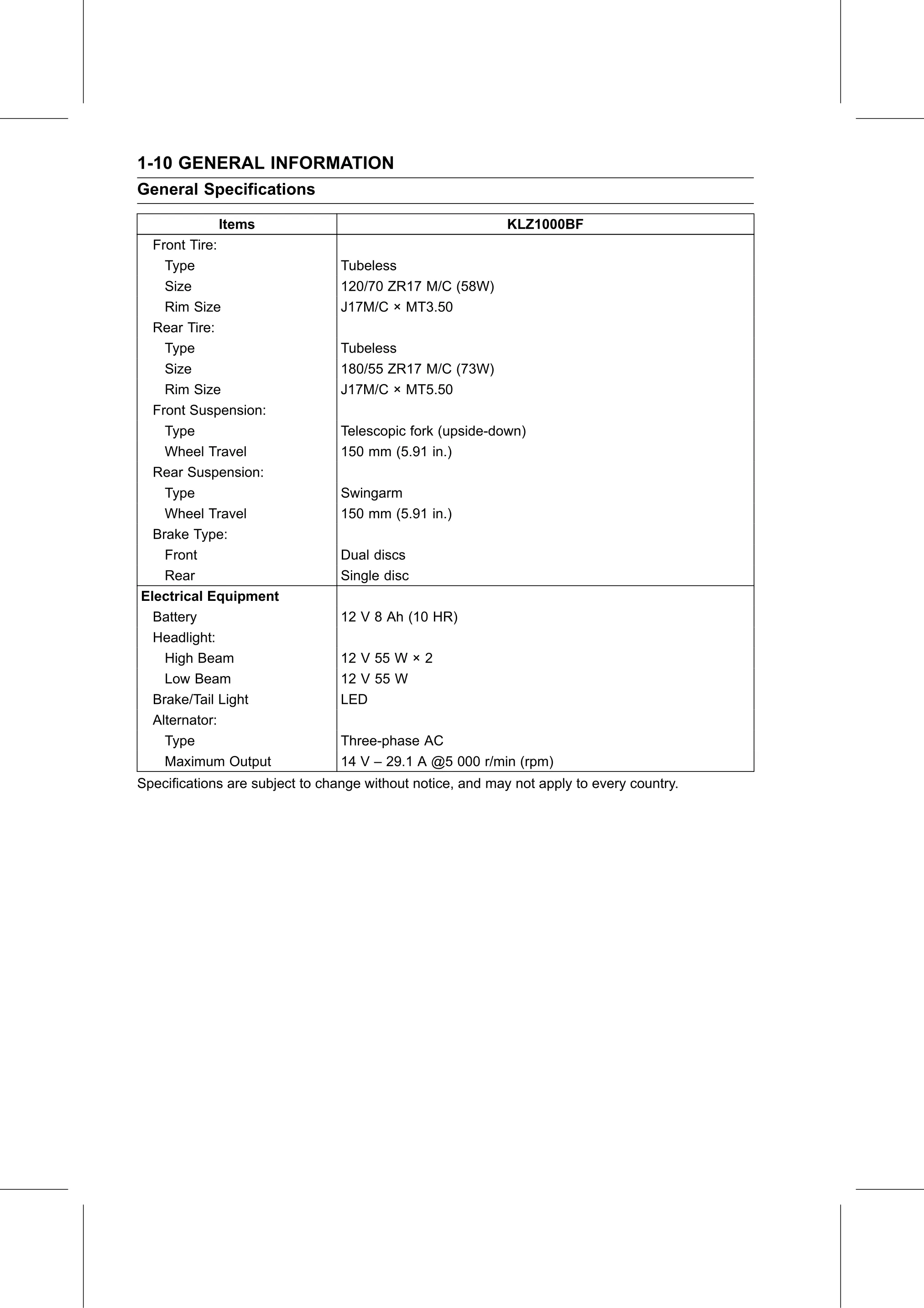 Service Manual page 20 — General Information › General Specifications