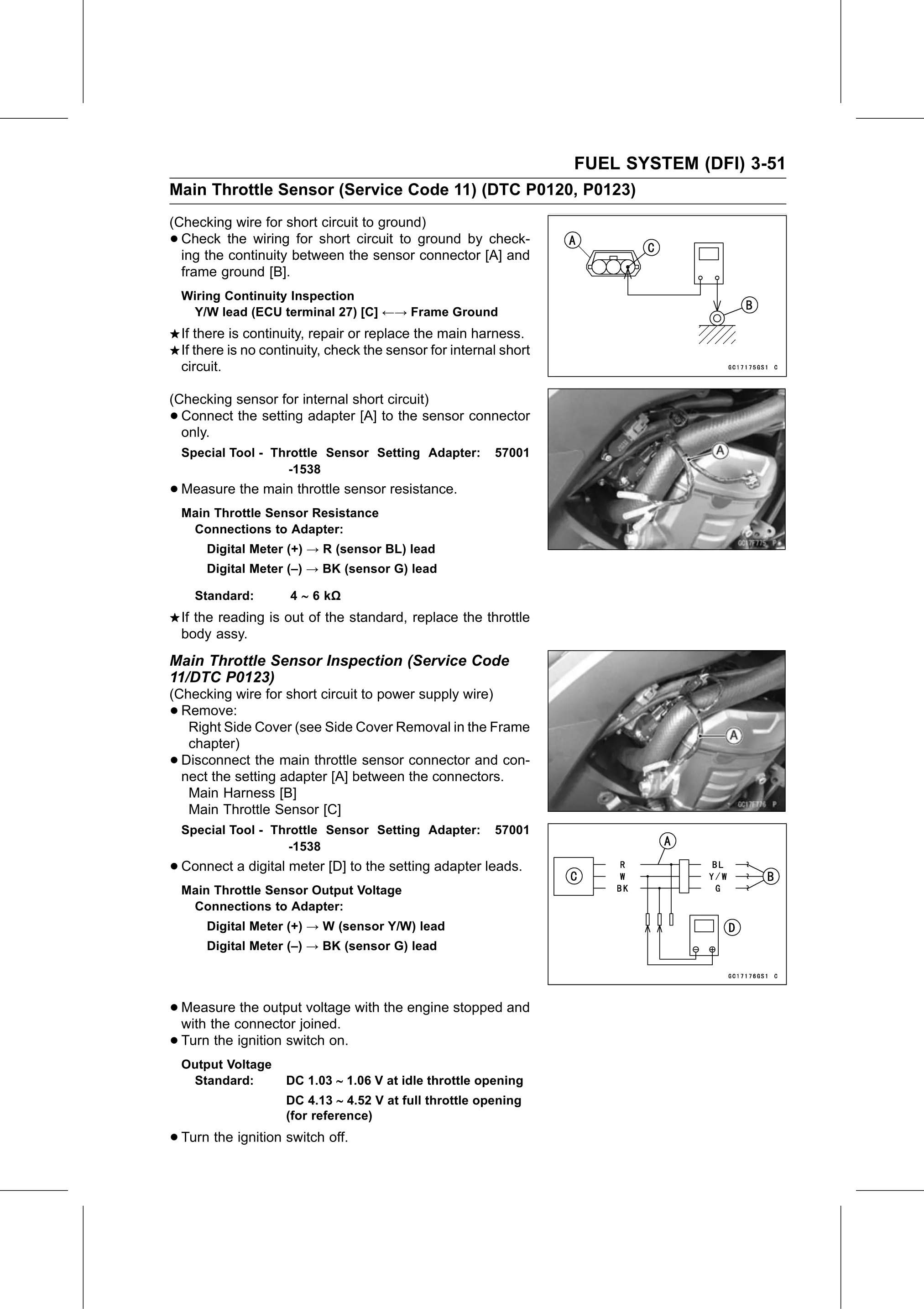 Service Manual page 141 — Fuel System (DFI) › Main Throttle Sensor Inspection (Service Code 11/DTC P0123)