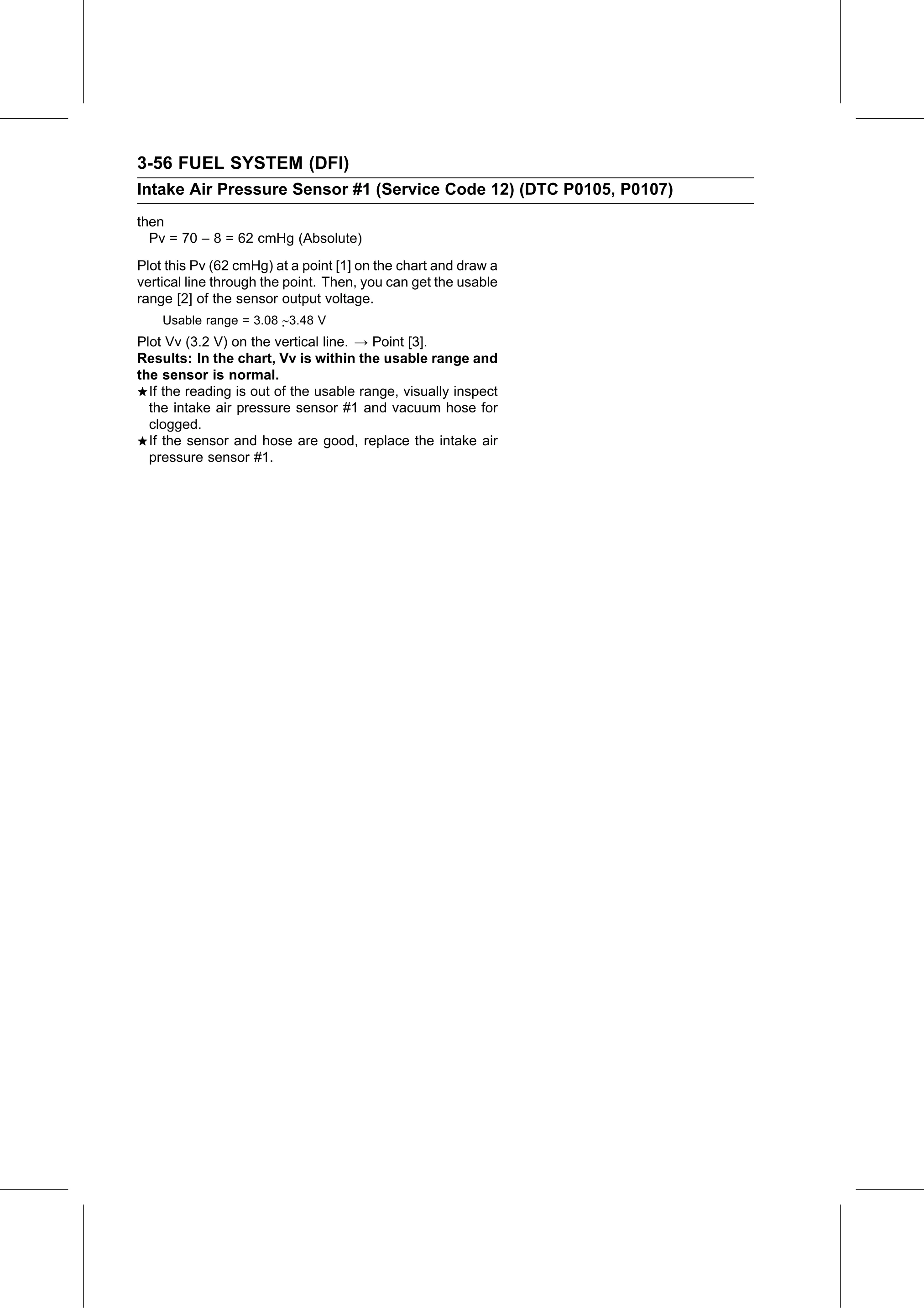 Service Manual page 146 — Fuel System (DFI) › Intake Air Pressure Sensor #1 Output Voltage Inspection (Service Code 12/DTC P0105, P0107)