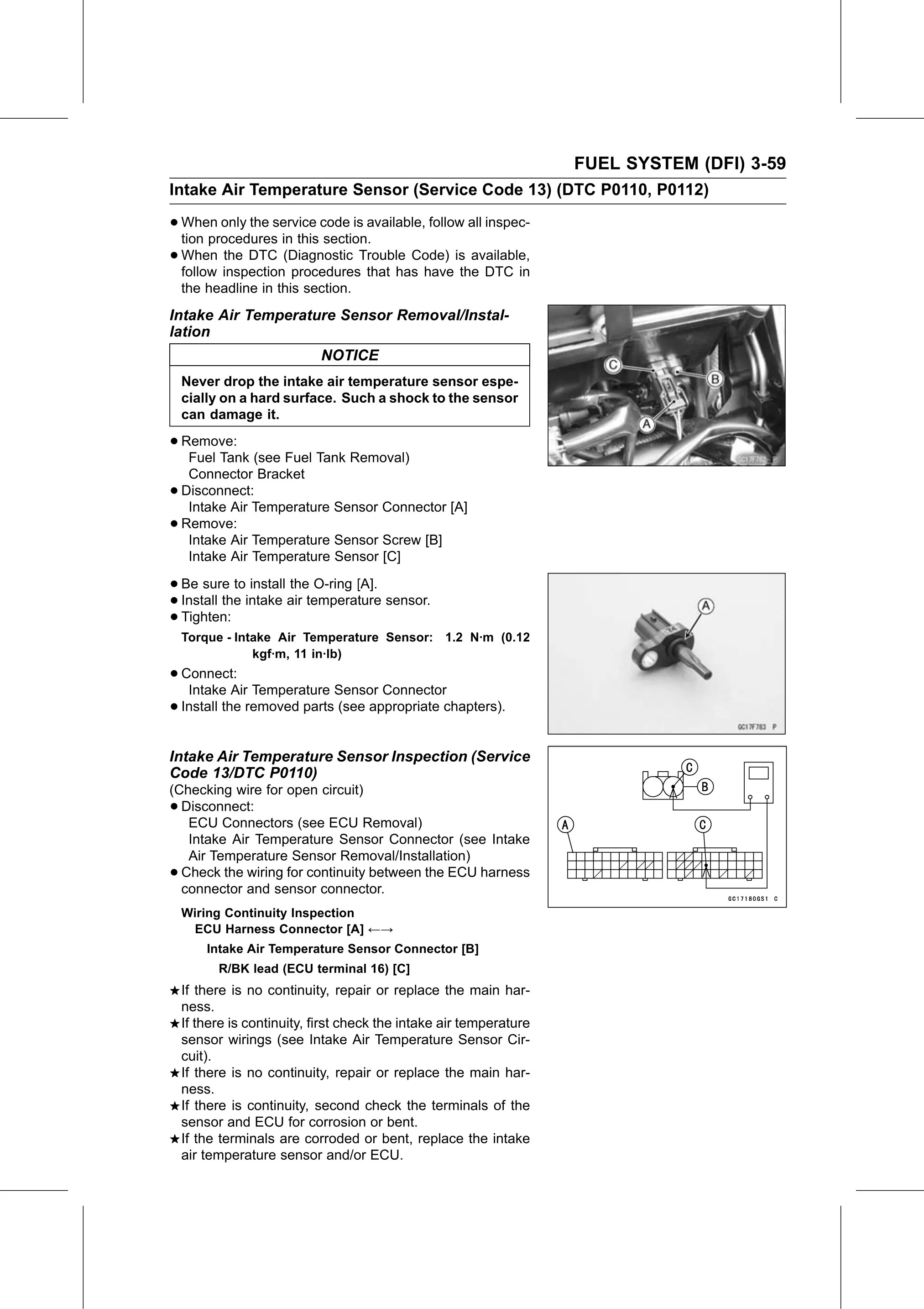 Service Manual page 149 — Fuel System (DFI) › Intake Air Temperature Sensor Inspection (Service Code 13/DTC P0110)
