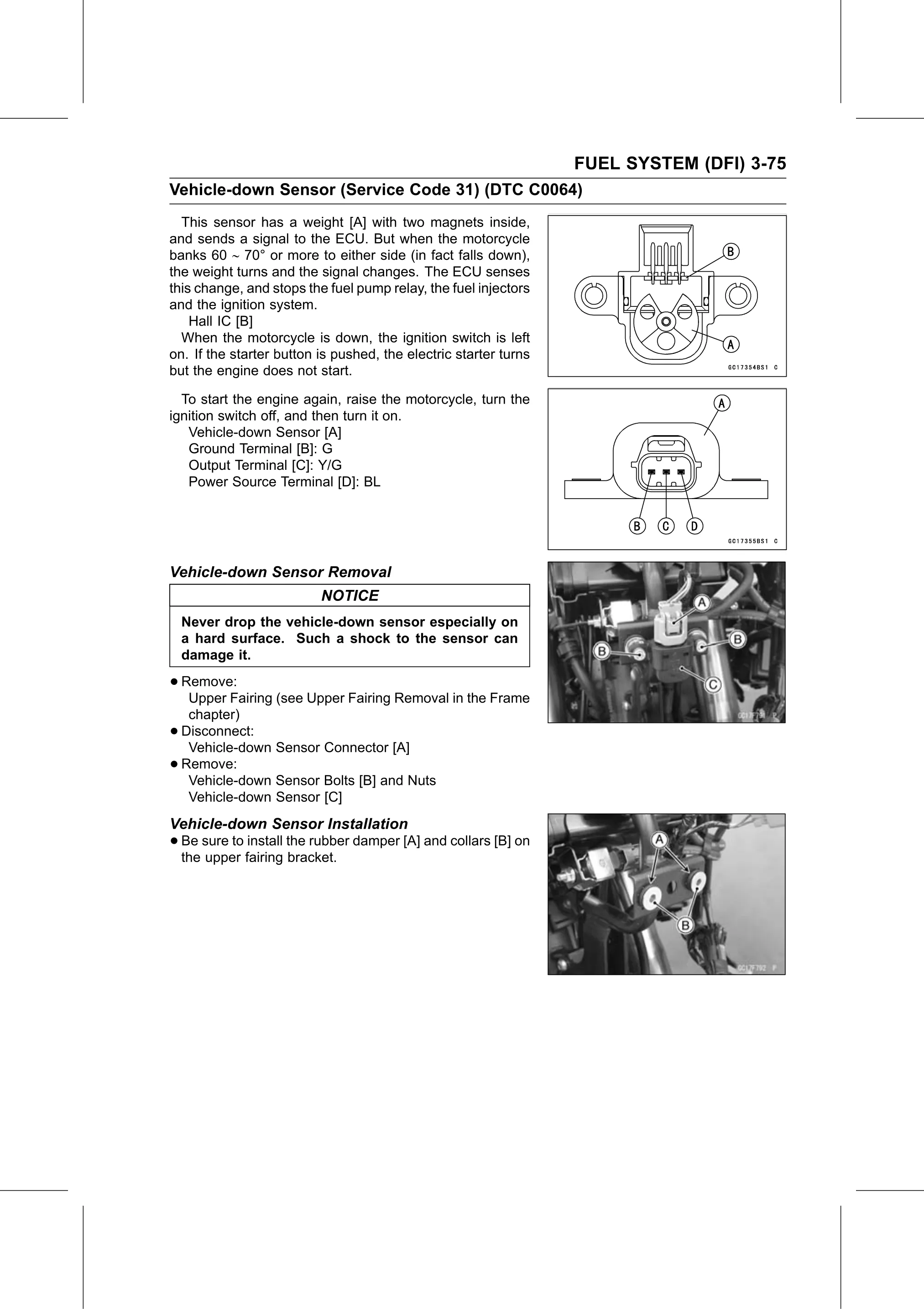 Service Manual page 165 — Fuel System (DFI) › Vehicle-down Sensor Installation