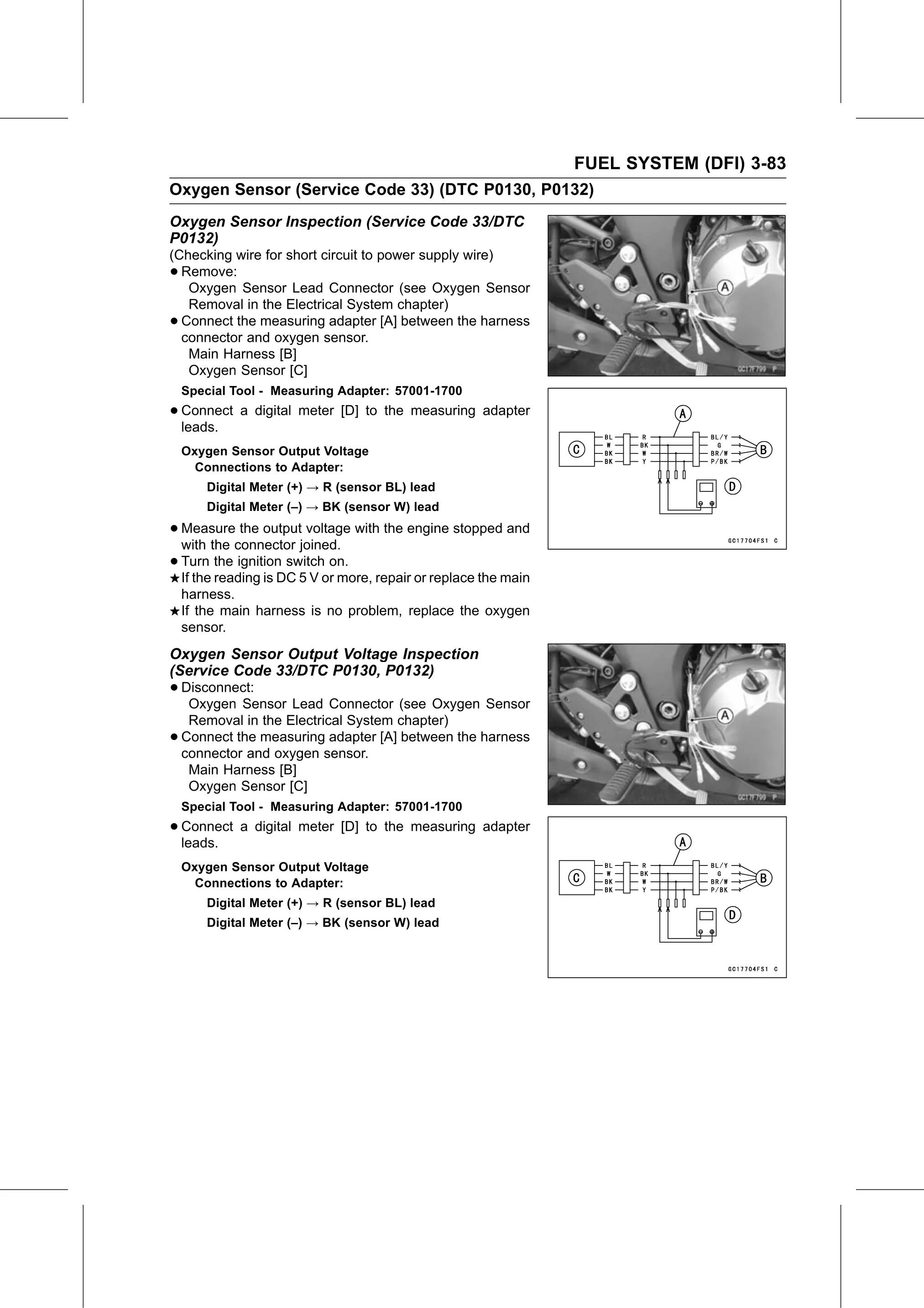 Service Manual page 173 — Fuel System (DFI) › Oxygen Sensor Output Voltage Inspection (Service Code 33/DTC P0130, P0132)