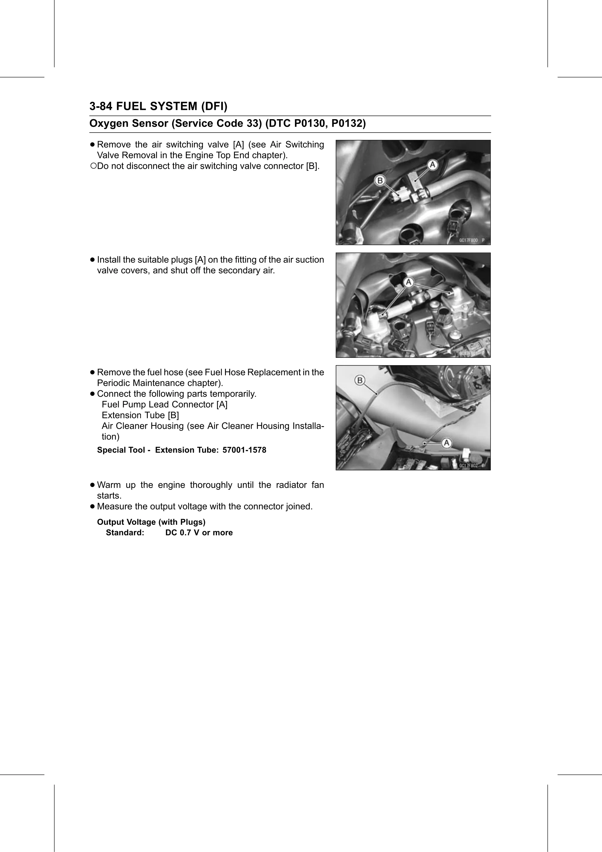 Service Manual page 174 — Fuel System (DFI) › Oxygen Sensor Output Voltage Inspection (Service Code 33/DTC P0130, P0132)