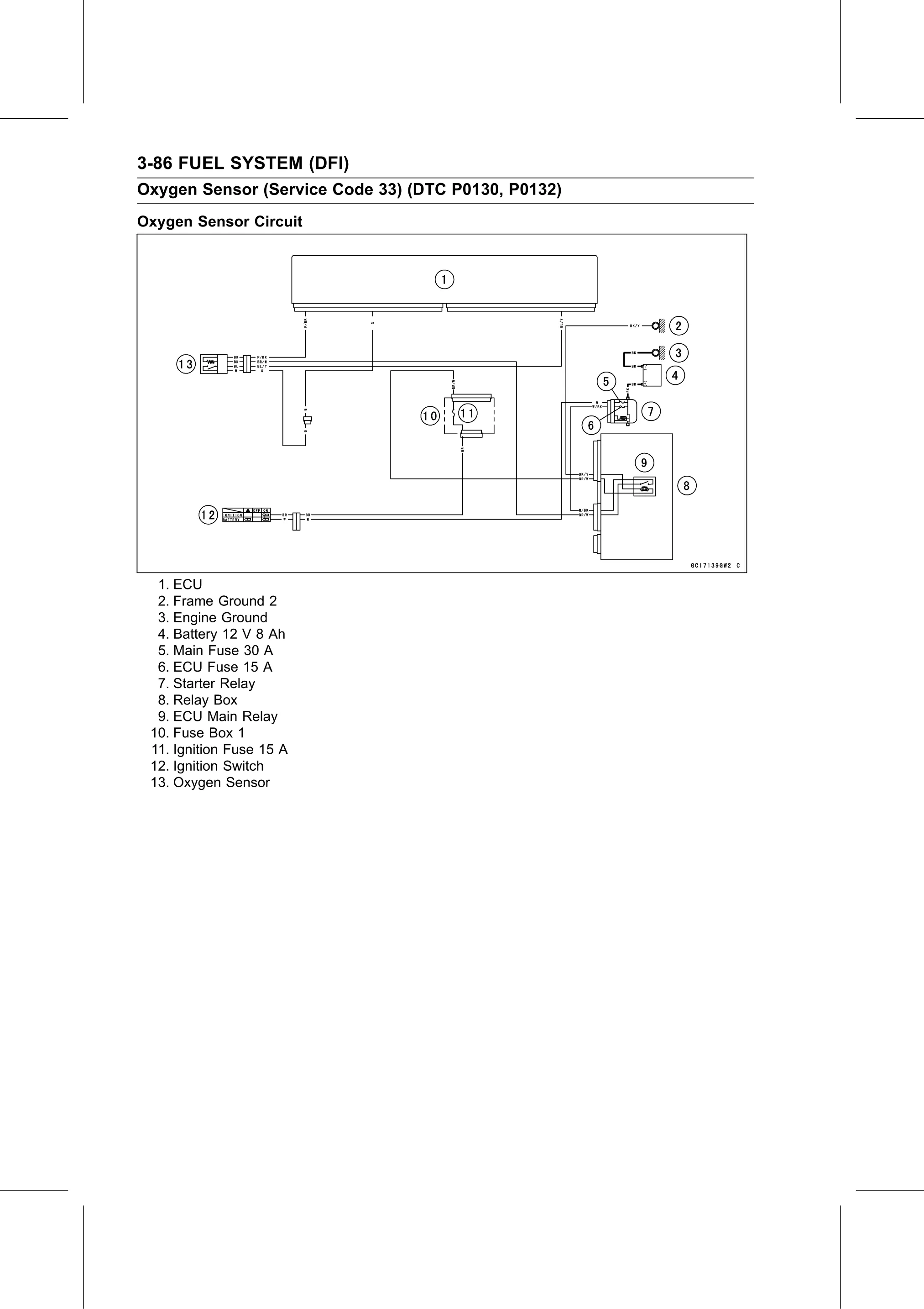 Service Manual page 176 — Fuel System (DFI) › Oxygen Sensor Output Voltage Inspection (Service Code 33/DTC P0130, P0132)
