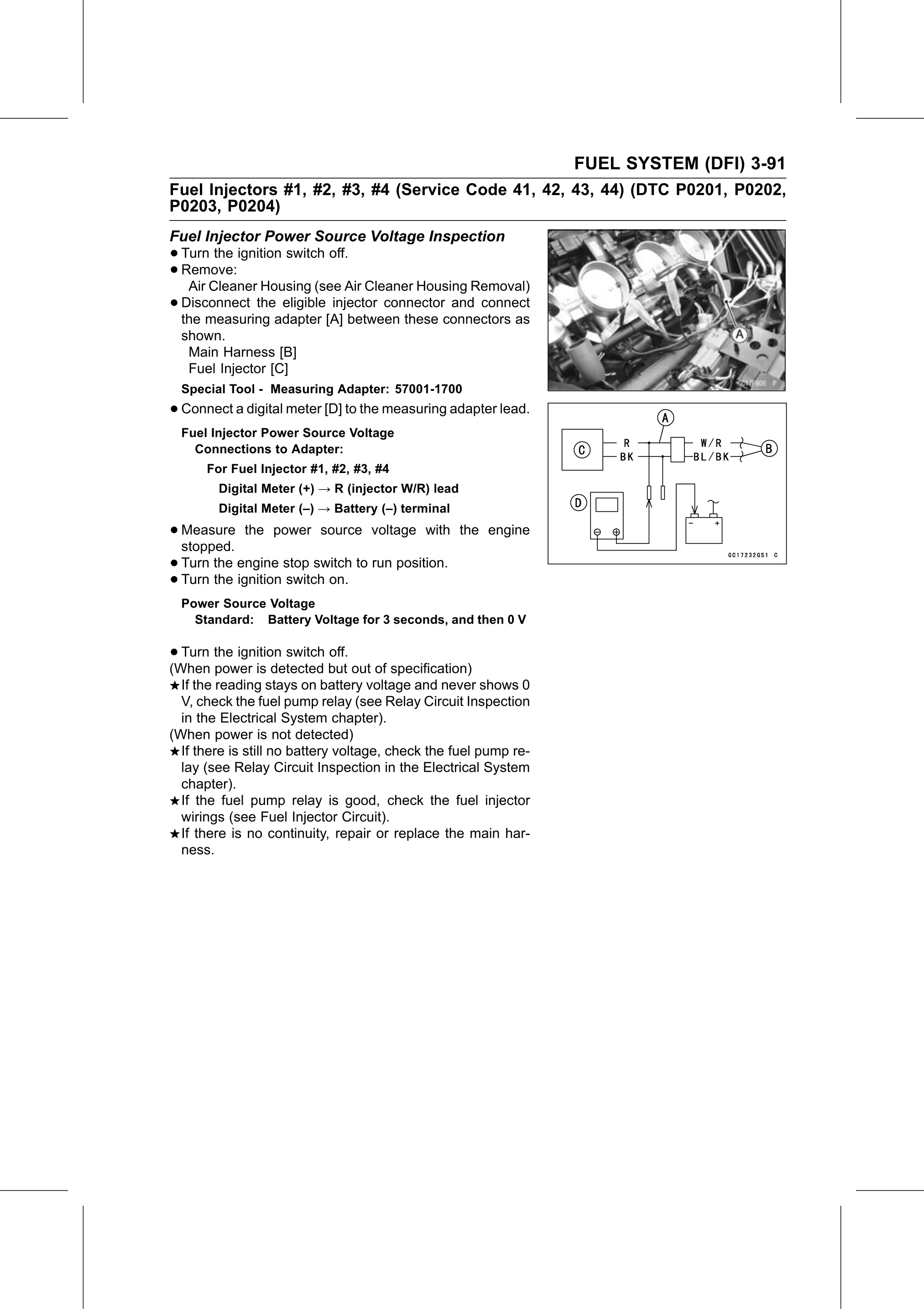 Service Manual page 181 — Fuel System (DFI) › Fuel Injector Power Source Voltage Inspection