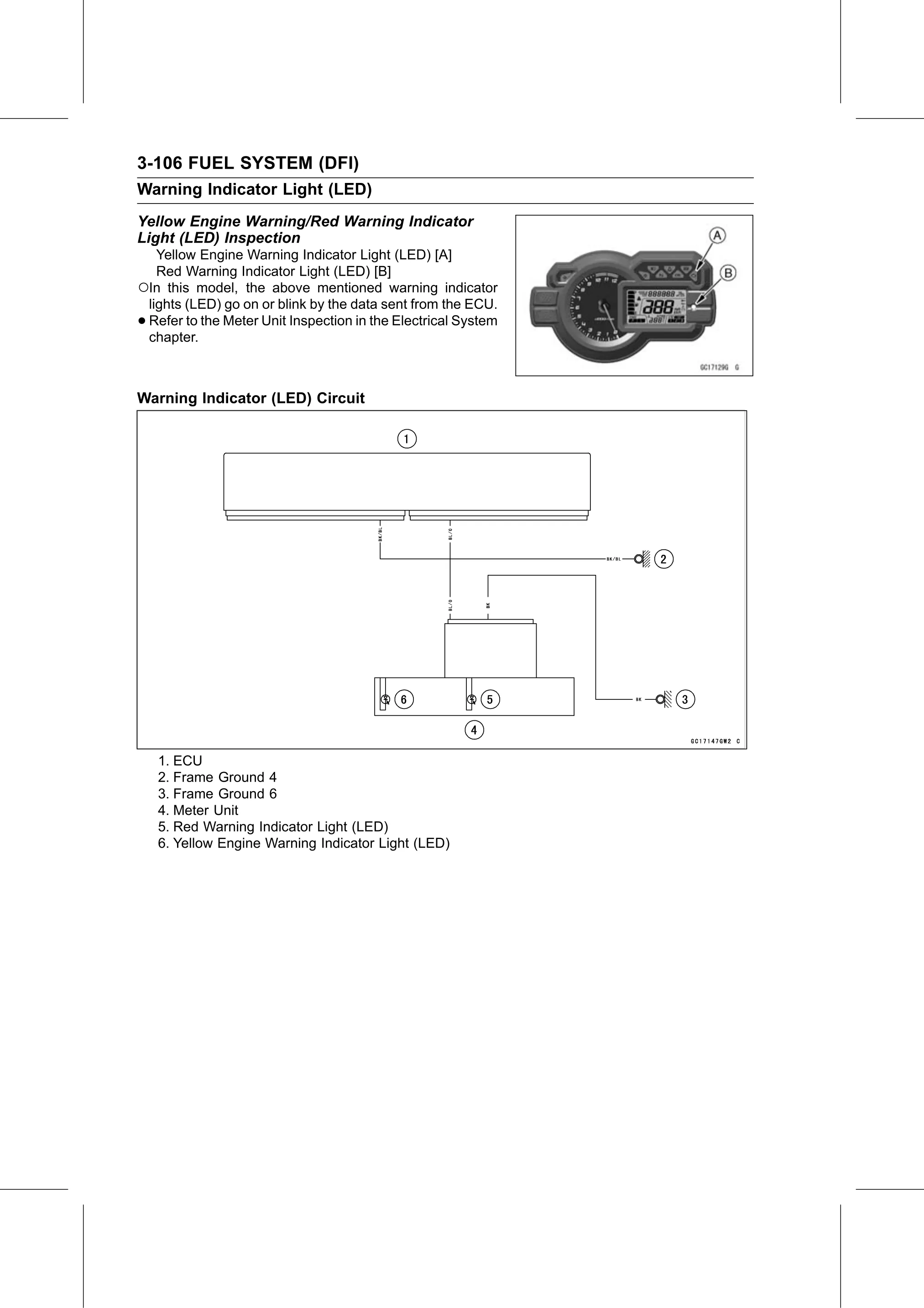 Service Manual page 196 — Fuel System (DFI) › Yellow Engine Warning/Red Warning Indicator Light (LED) Inspection