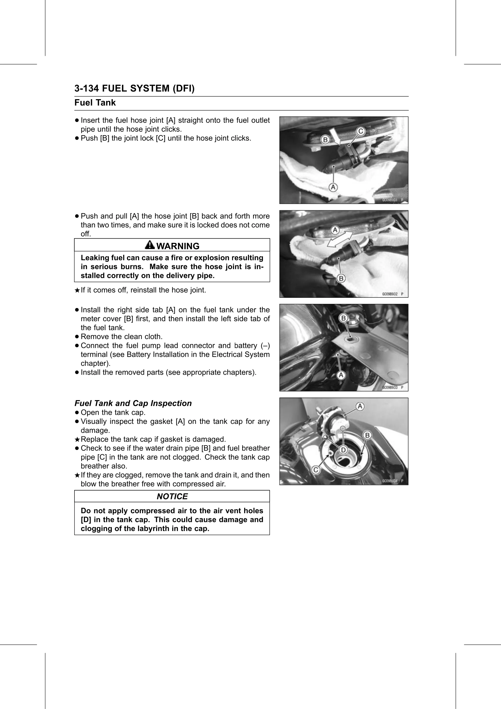 Service Manual page 224 — Fuel System (DFI) › Fuel Tank and Cap Inspection