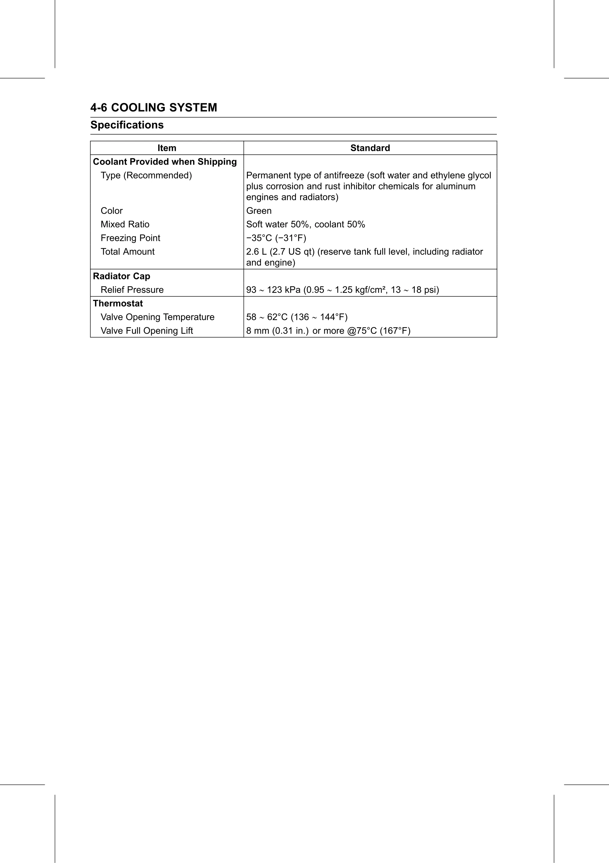 Service Manual page 232 — Cooling System › Specifications