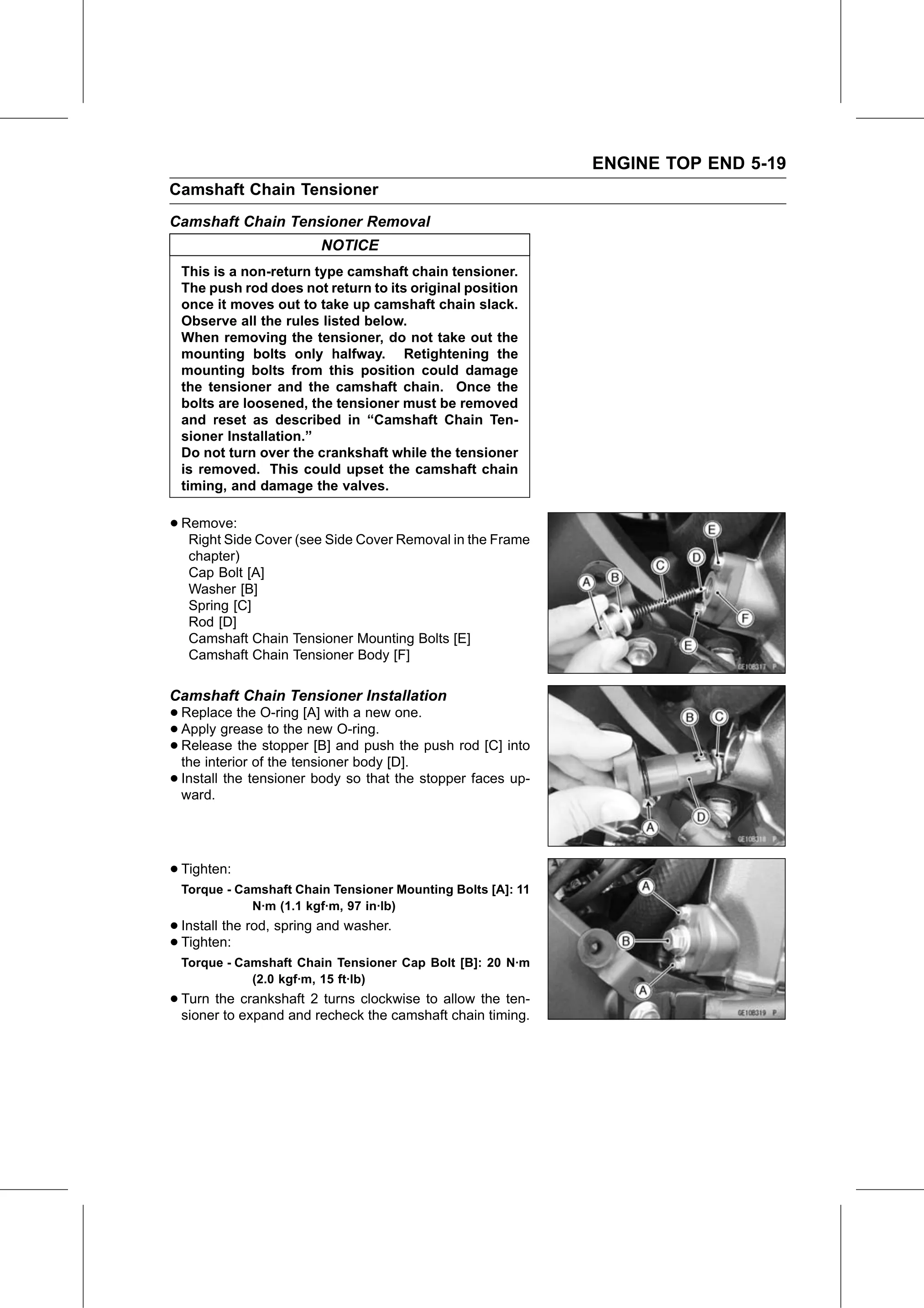 Service Manual page 269 — Engine Top End › Camshaft Chain Tensioner Installation