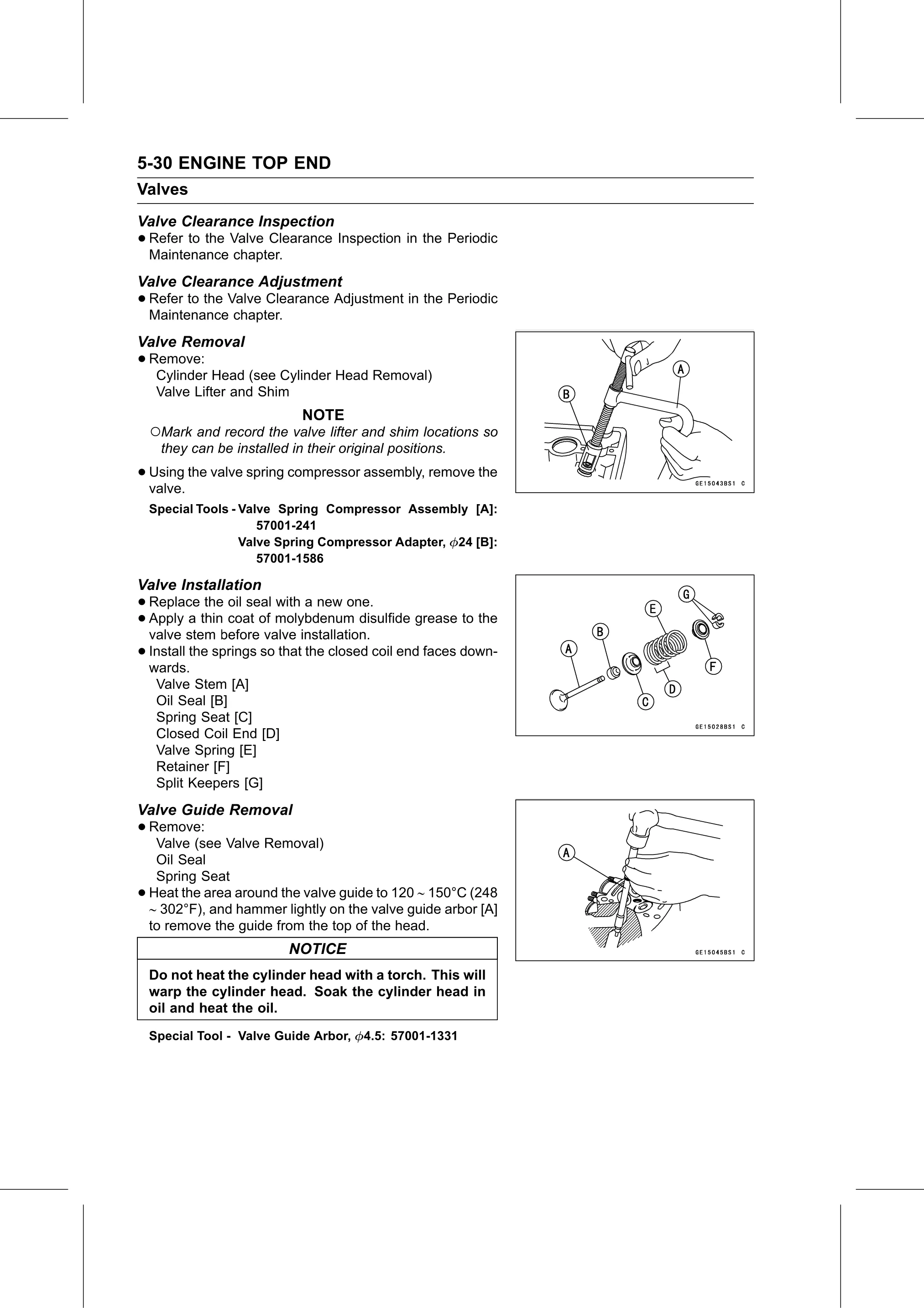 Service Manual page 280 — Engine Top End › Valve Guide Removal