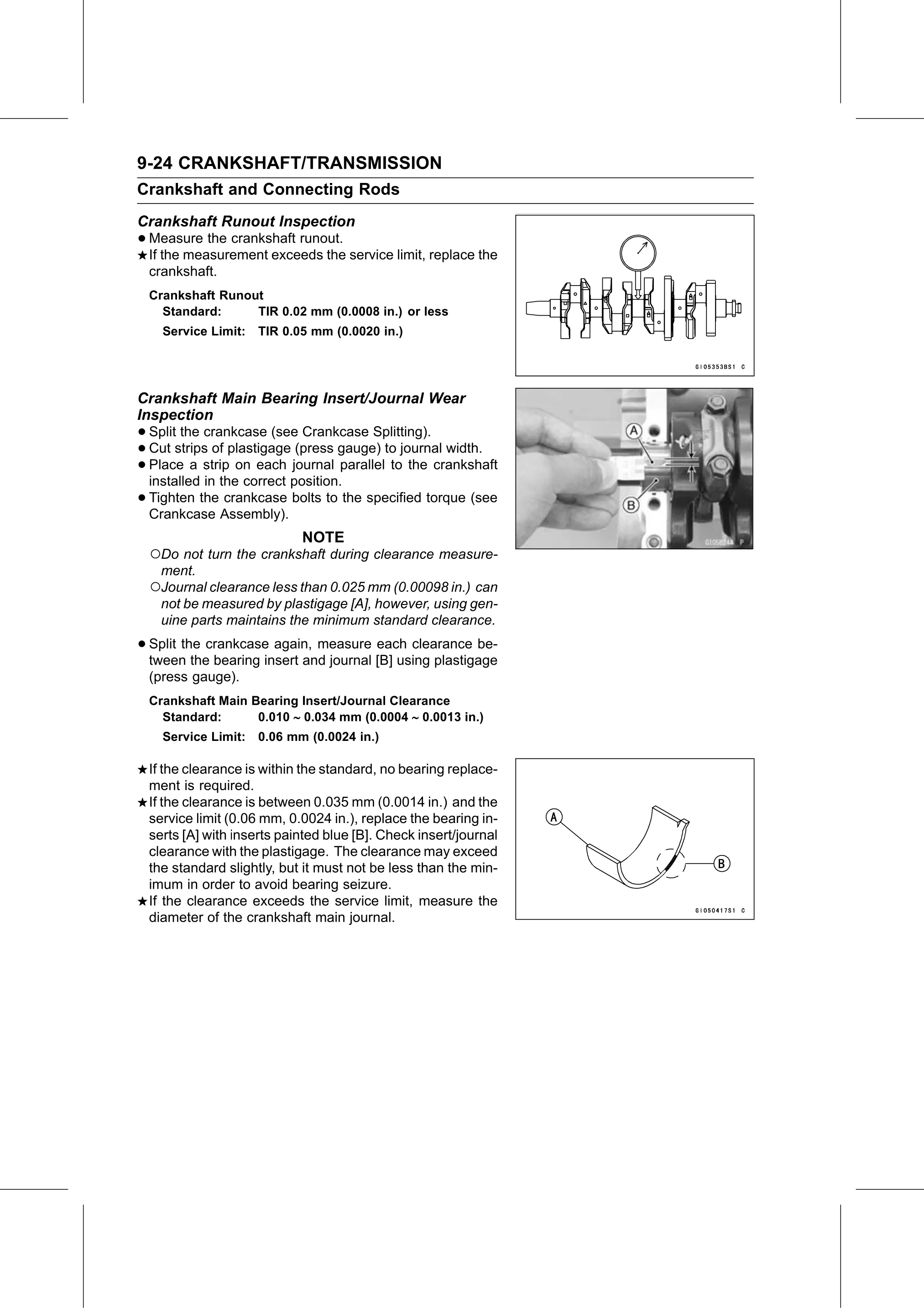 Service Manual page 370 — Crankshaft/Transmission › Crankshaft Main Bearing Insert/Journal Wear Inspection