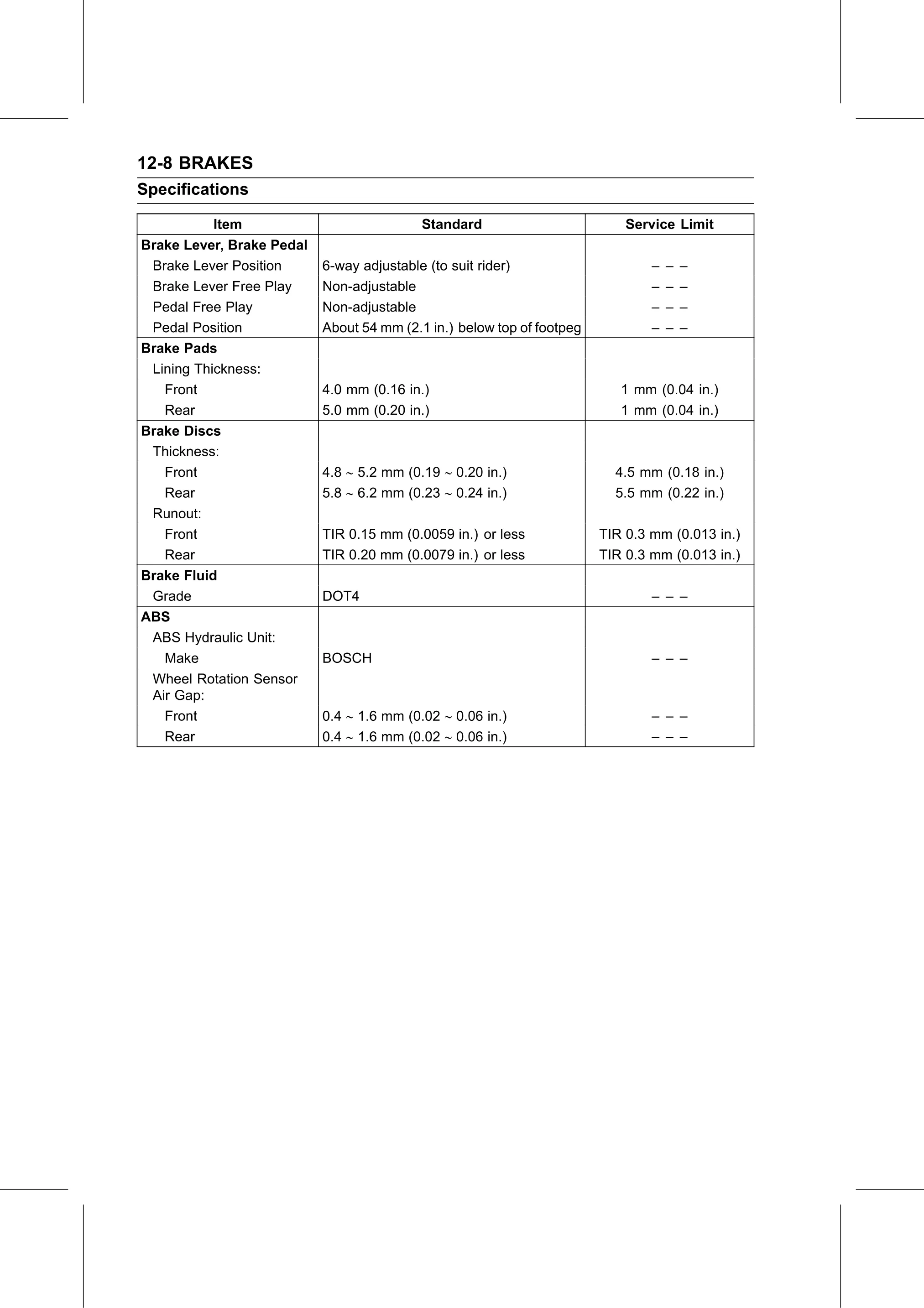 Service Manual page 430 — Brakes › Specifications